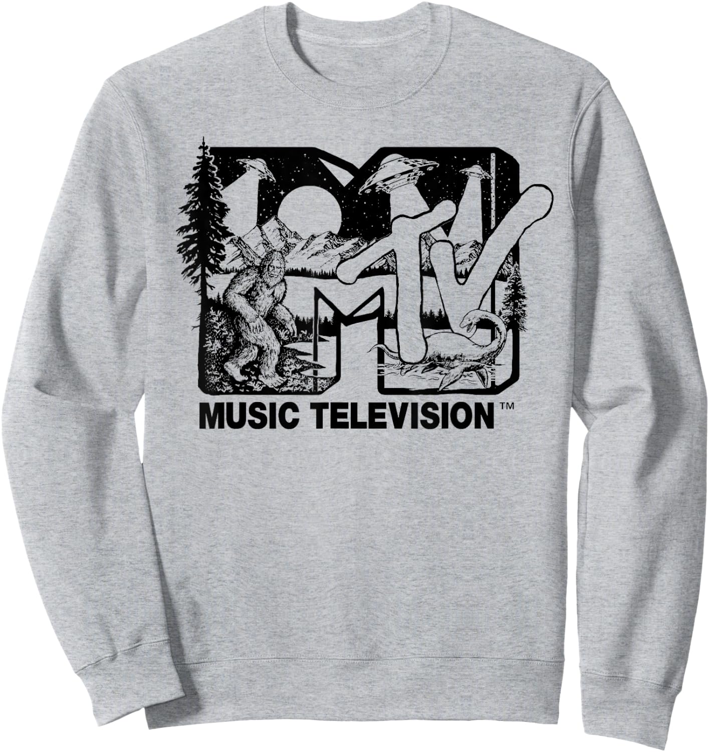 Mademark x MTV - Cryptid-Filled MTV Logo Feat. Bigfoot, UFO, & Nessie Outline Sweatshirt - Sweatshirt | Ash