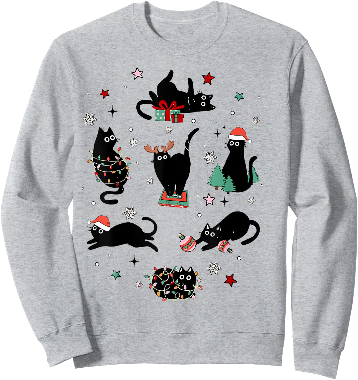 Santa Cat Light Gorgeous Reindeer Pajama Christmas Cat Lover Sweatshirt - Sweatshirt | Ash