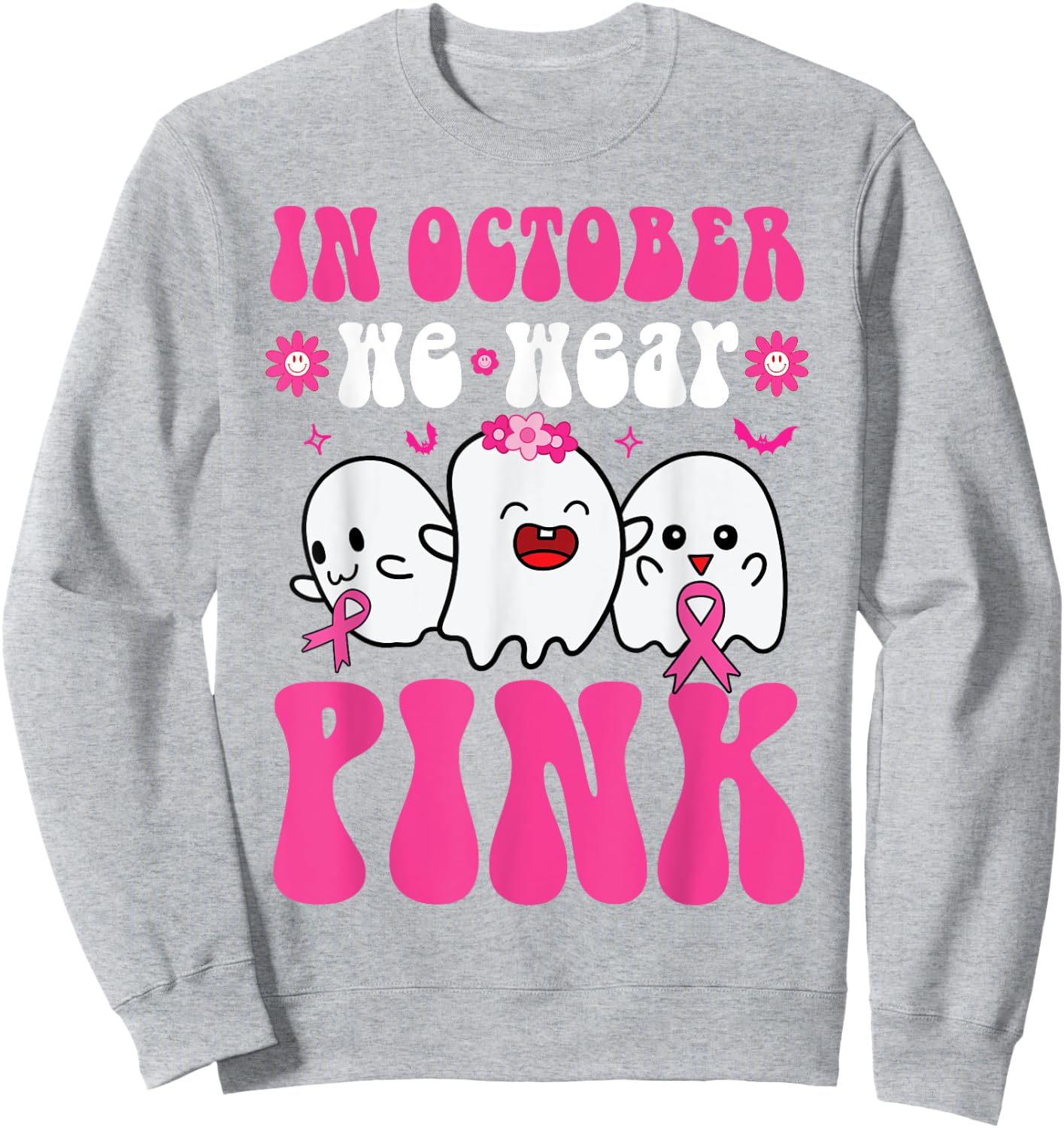 Groovy Wear Pink Breast Cancer Warrior Ghost Halloween Girls Sweatshirt - Sweatshirt | Ash