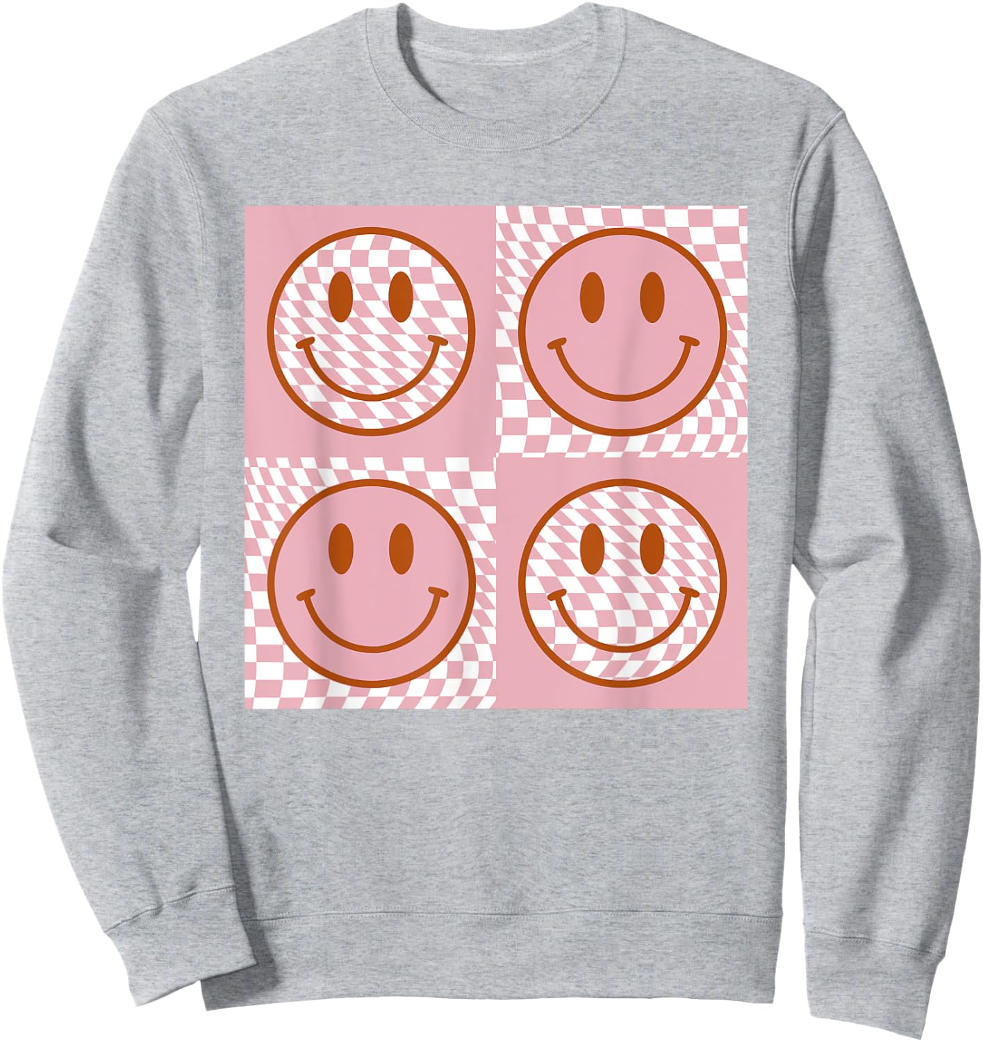 Checkered Pattern Happy Face Shirt Retro Pink Smile Face Sweatshirt - Sweatshirt | Ash