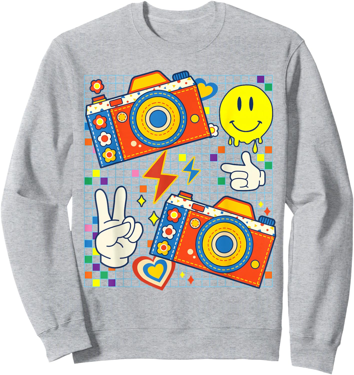 Kidcore Aesthetic Camera Fabric Patches Decora Kei Sweatshirt - Sweatshirt | Ash