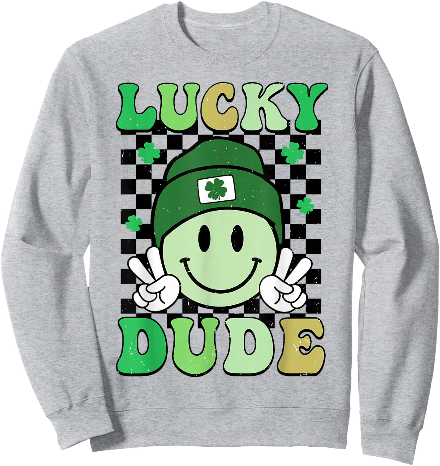 Groovy Lucky Dude Shamrock Smile Boys Kids St. Patrick's Day Sweatshirt - Sweatshirt | Ash