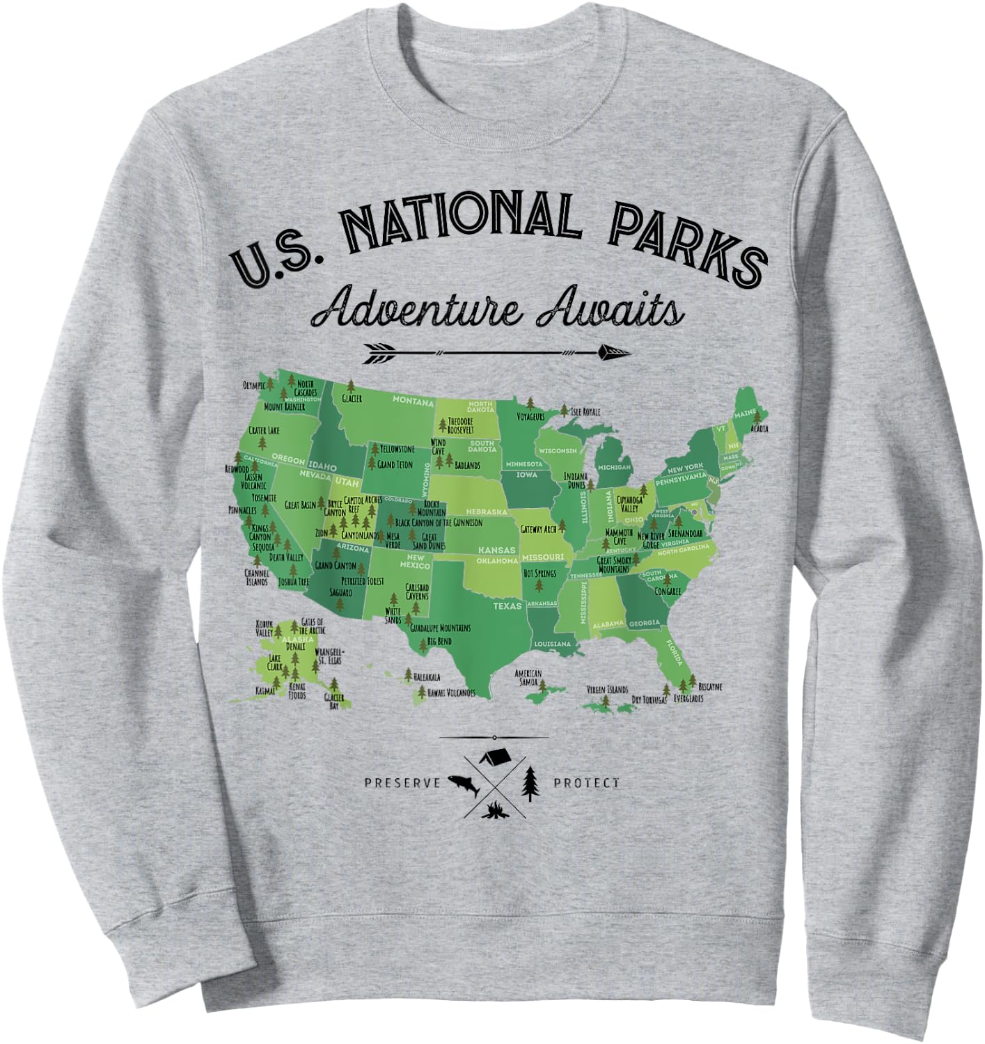 63 National Parks Map US Park Retro Vintage Camping Hiking Sweatshirt - Sweatshirt | Ash