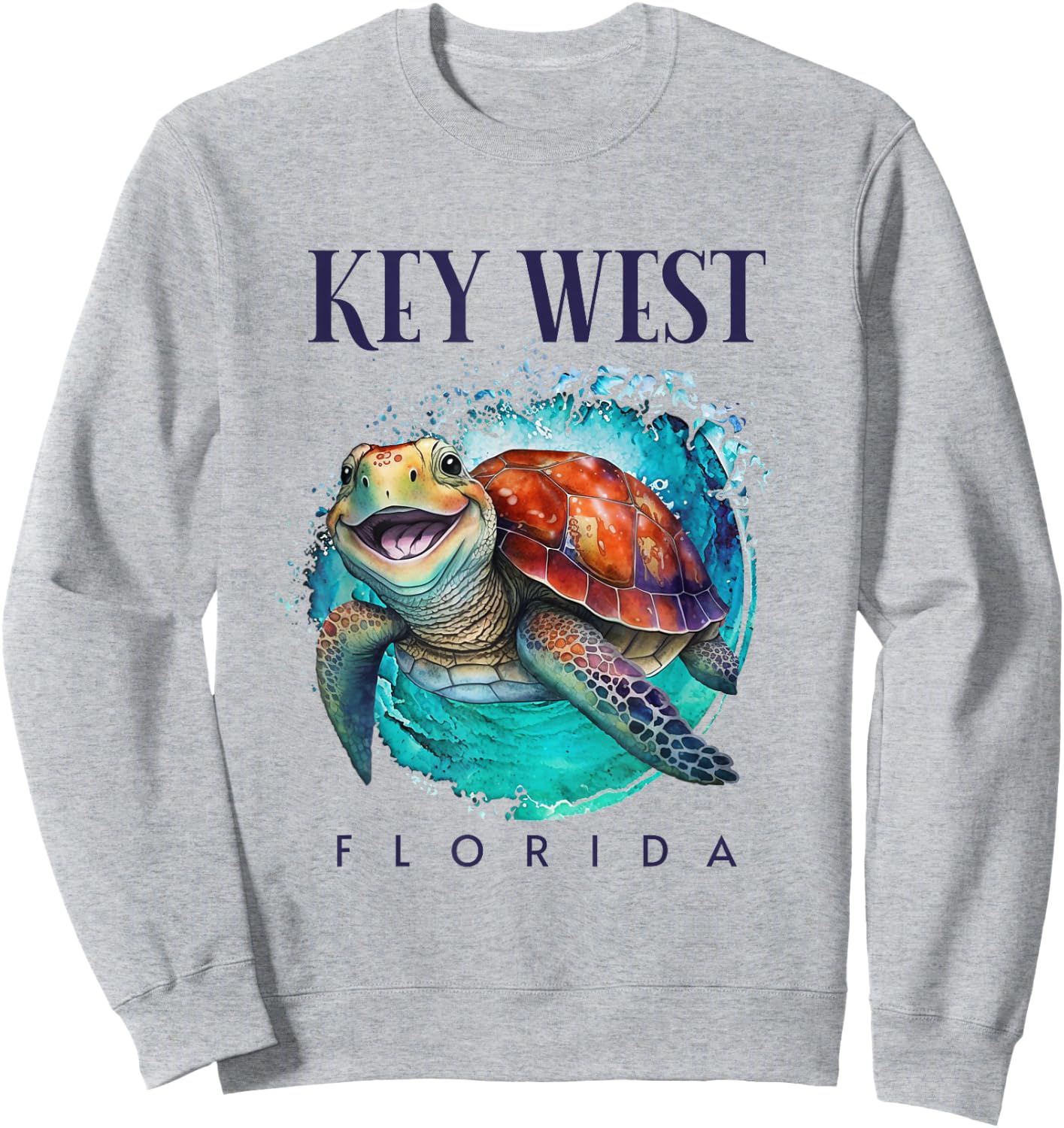 Key West Florida Watercolor Happy Sea Turtle Sweatshirt - Sweatshirt | Ash