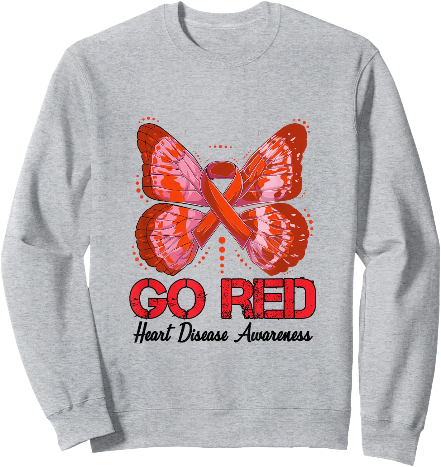 Go Red Heart Disease Awareness 2023 Red Ribbon Butterfly Sweatshirt - Sweatshirt | Ash