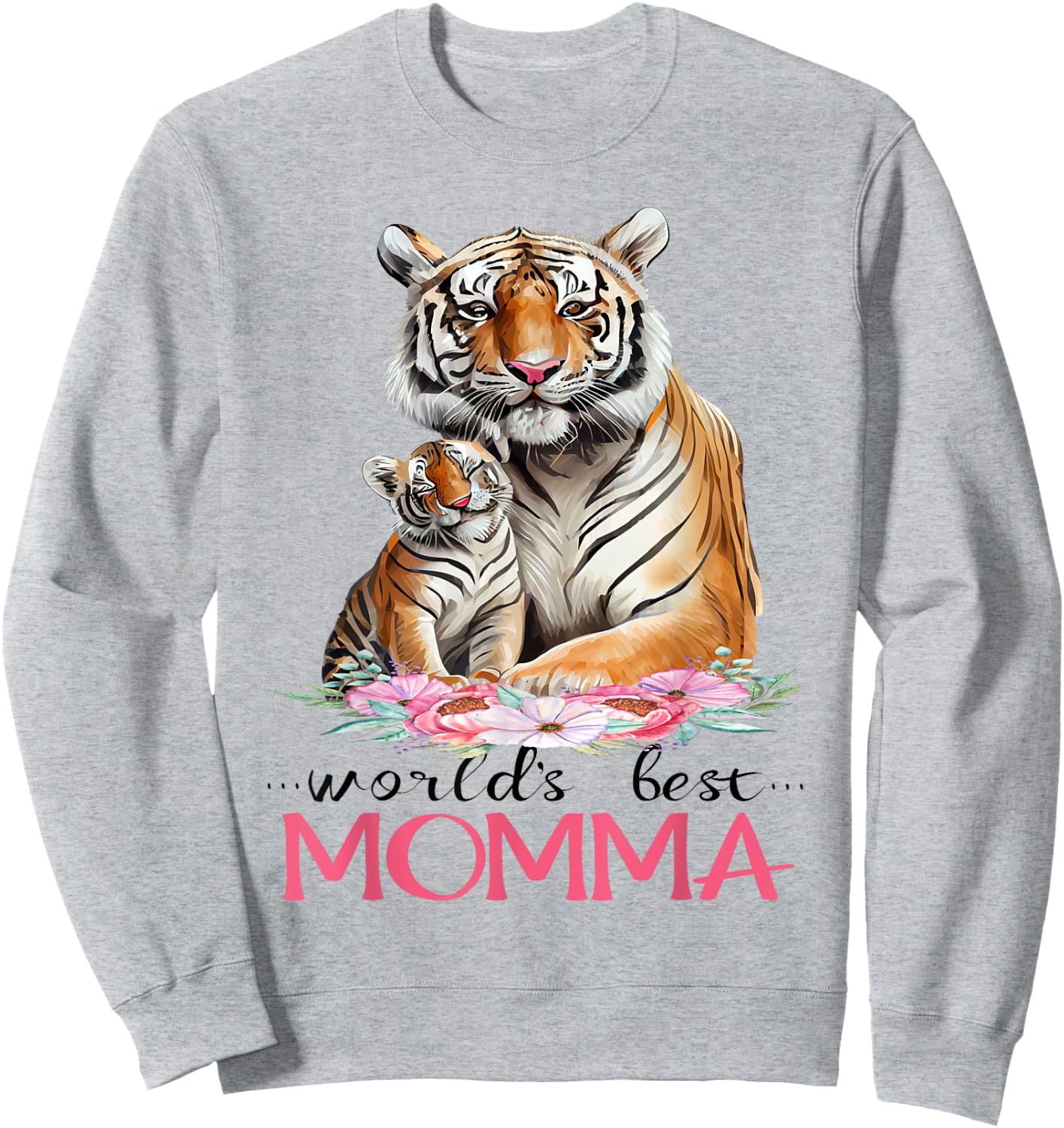 World's Best Momma Mom 2025 Pretty Floral Tiger & Cub Sweatshirt - Sweatshirt | Ash