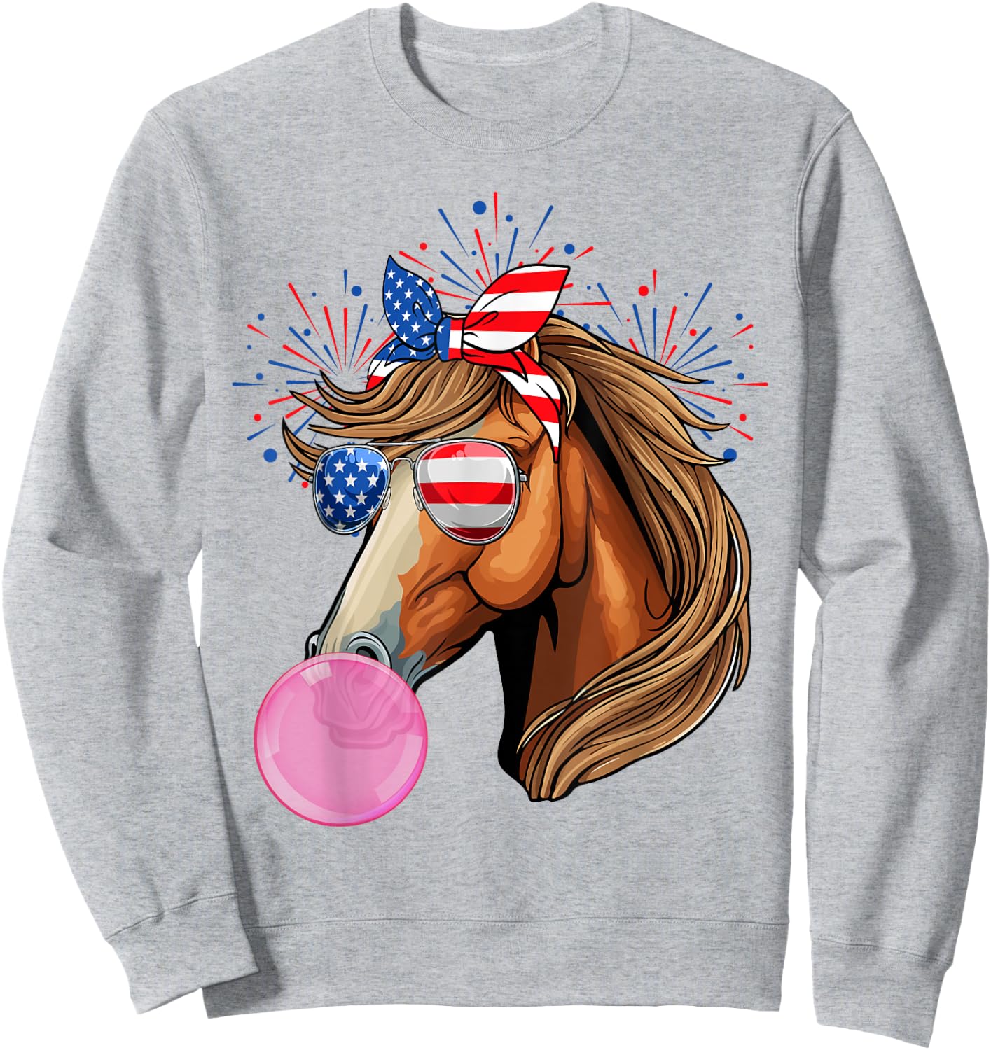 Horse Blowing Bubble Gum USA Flag Sunglasses Indepedence Day Sweatshirt - Sweatshirt | Ash
