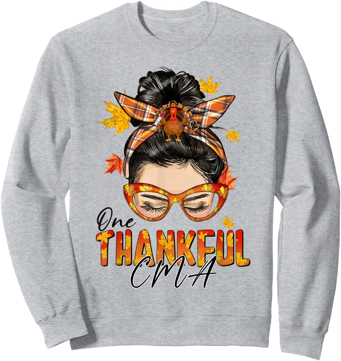 One Thankful CMA Turkey Messy Bun Fall Thanksgiving Sweatshirt - Sweatshirt | Ash