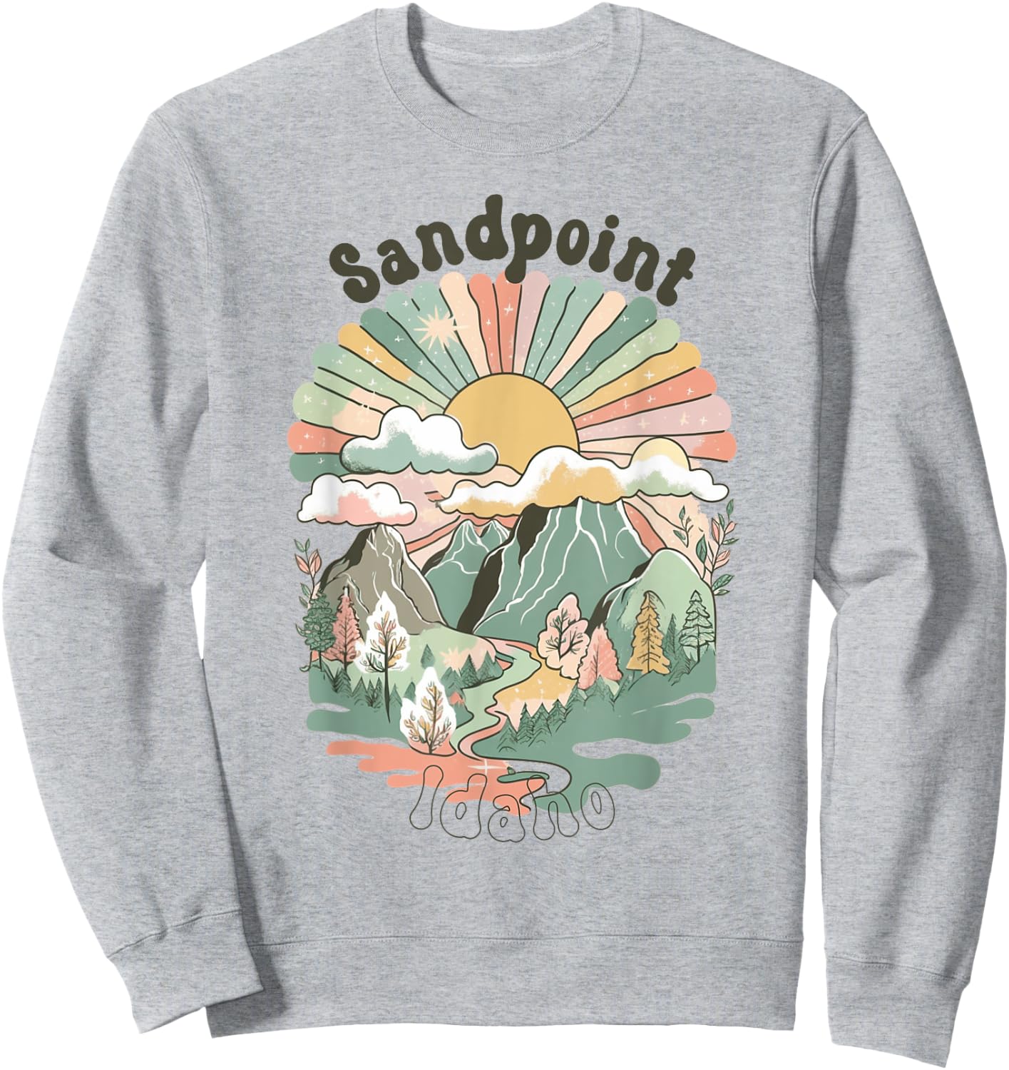 Vintage Sandpoint Idaho Mountains Hiking Sunset Groovy Sweatshirt - Sweatshirt | Ash