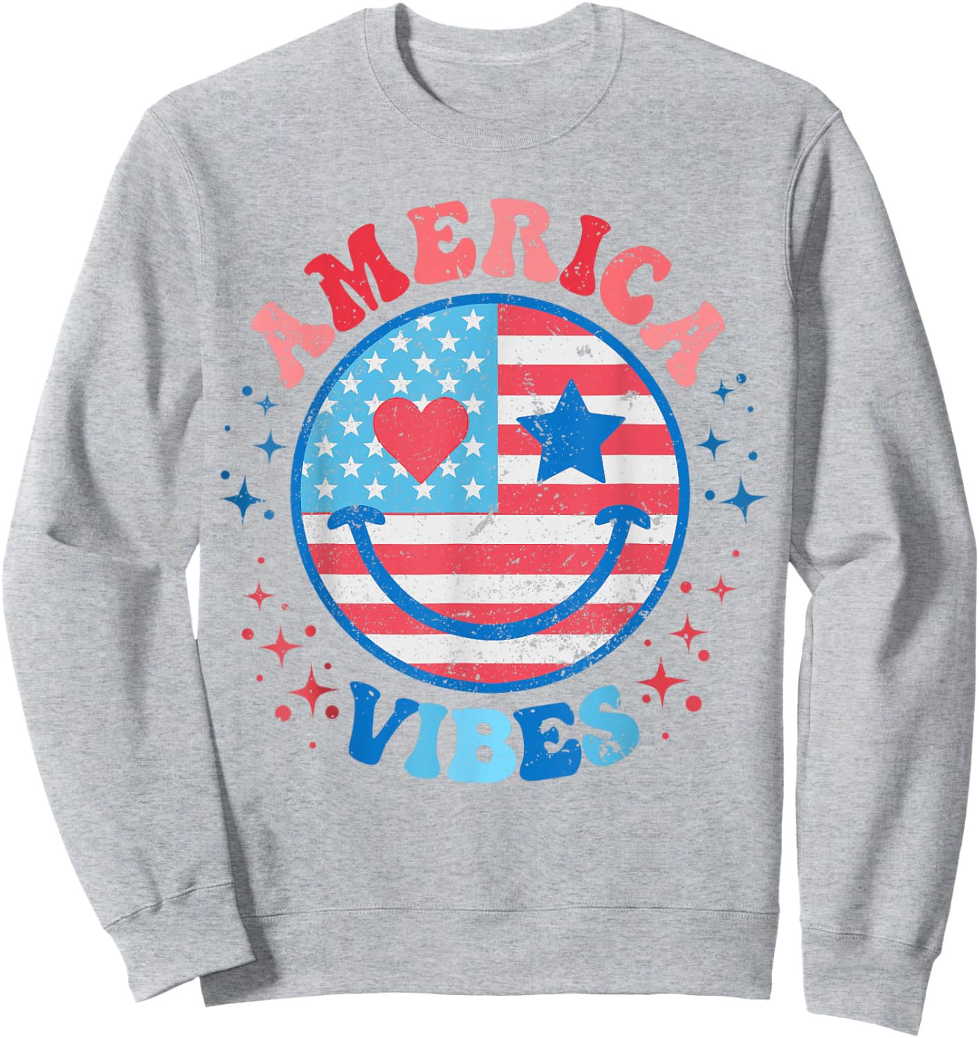 America Vibes Smile Face American Flag 4th of July Groovy Sweatshirt - Sweatshirt | Ash