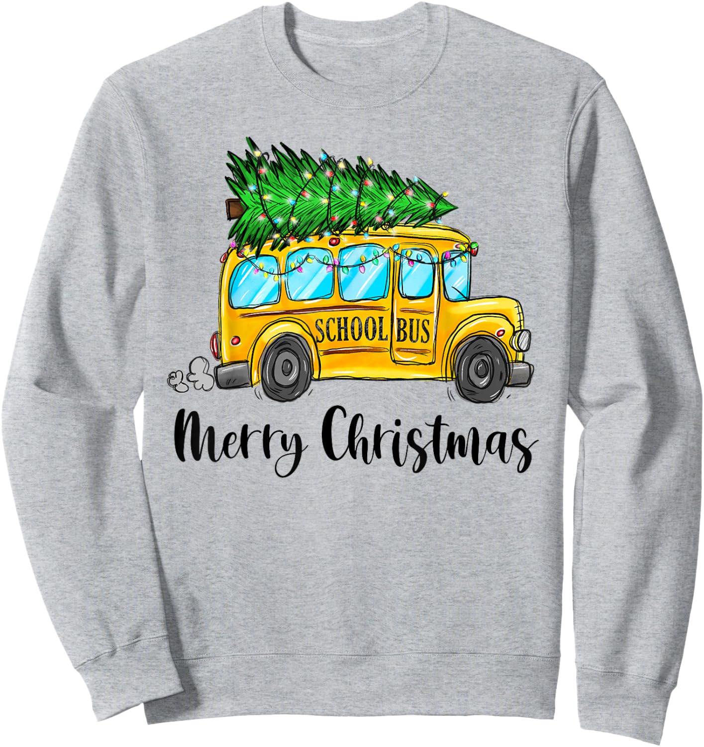 Yellow School Bus Christmas Light Tree Driver Pajama Xmas Sweatshirt - Sweatshirt | Ash
