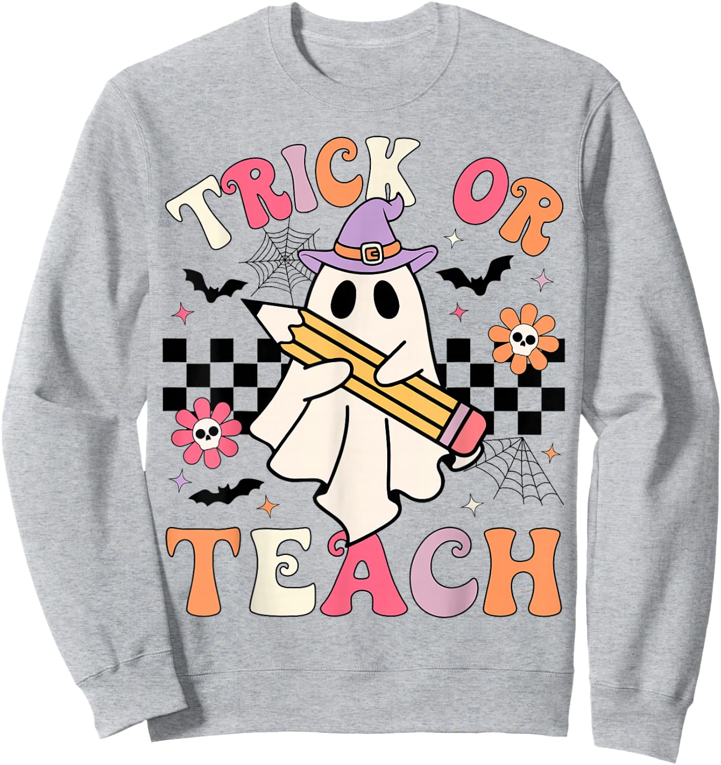 Trick Or Teach Groovy Teacher Halloween Retro Floral Ghost Sweatshirt - Sweatshirt | Ash