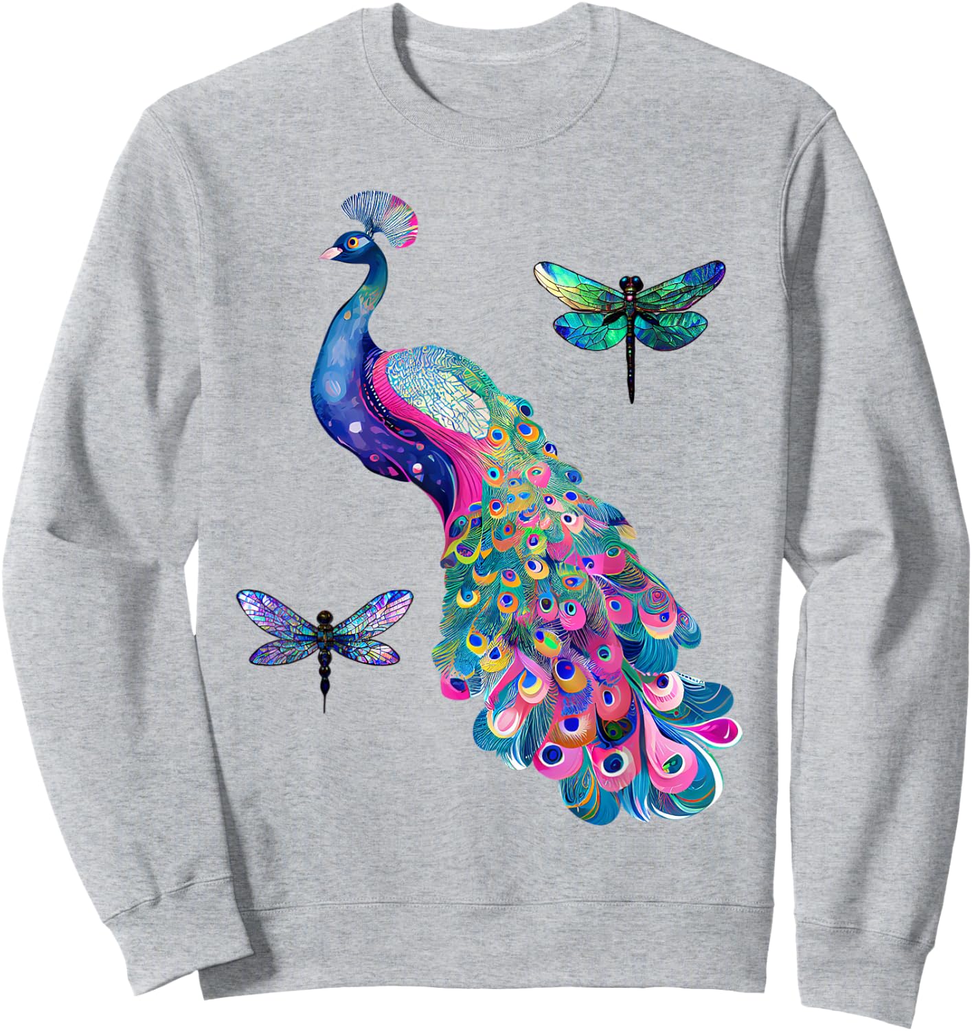 Colorful Peacock Feathers Dragonflies Graphic Art Design Sweatshirt - Sweatshirt | Ash