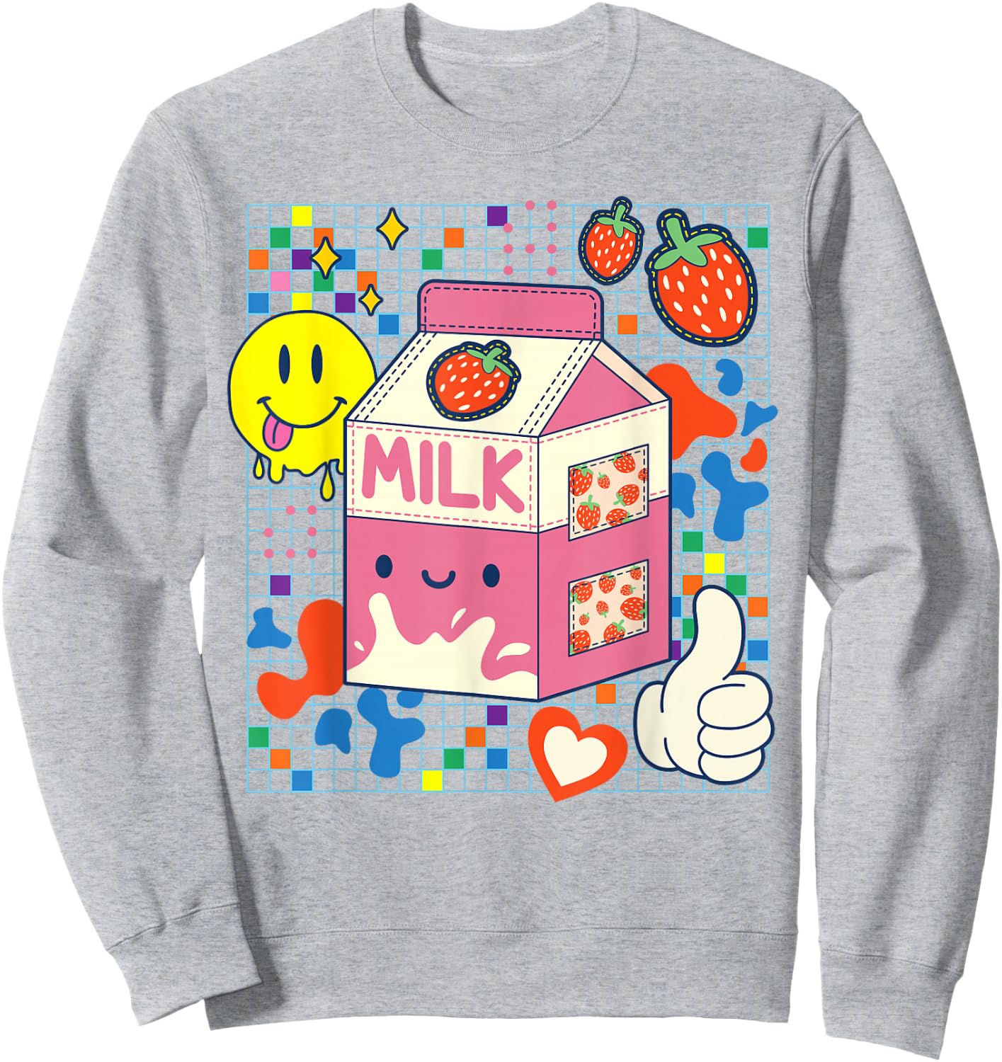 Kidcore Aesthetic Strawberry Milk Fabric Patches Decora Kei Sweatshirt - Sweatshirt | Ash