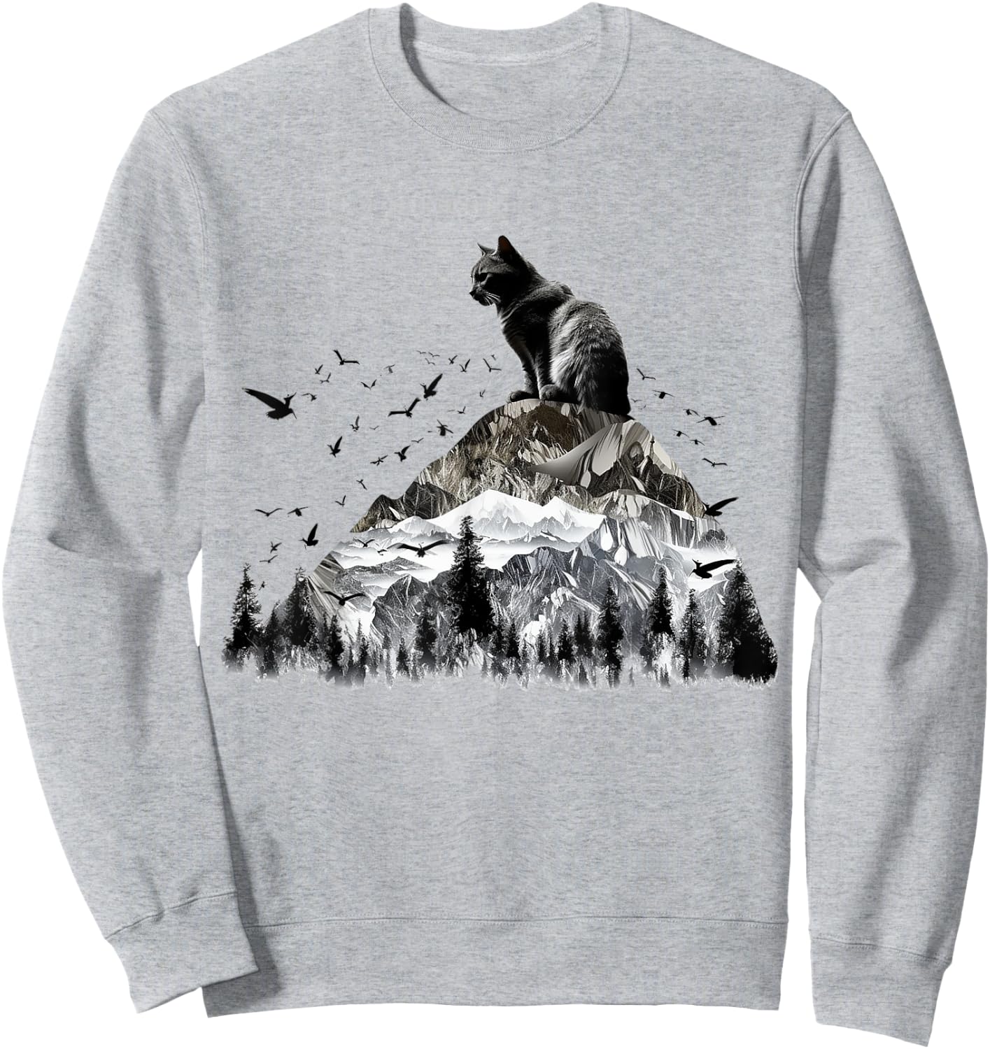 Cat Mountains Bird Artwork | Animal Motif Cat Sweatshirt - Sweatshirt | Ash