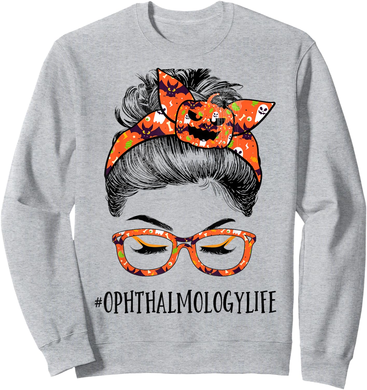 Ophthalmology Women Messy bun Pumpkin Halloween Spider Sweatshirt - Sweatshirt | Ash