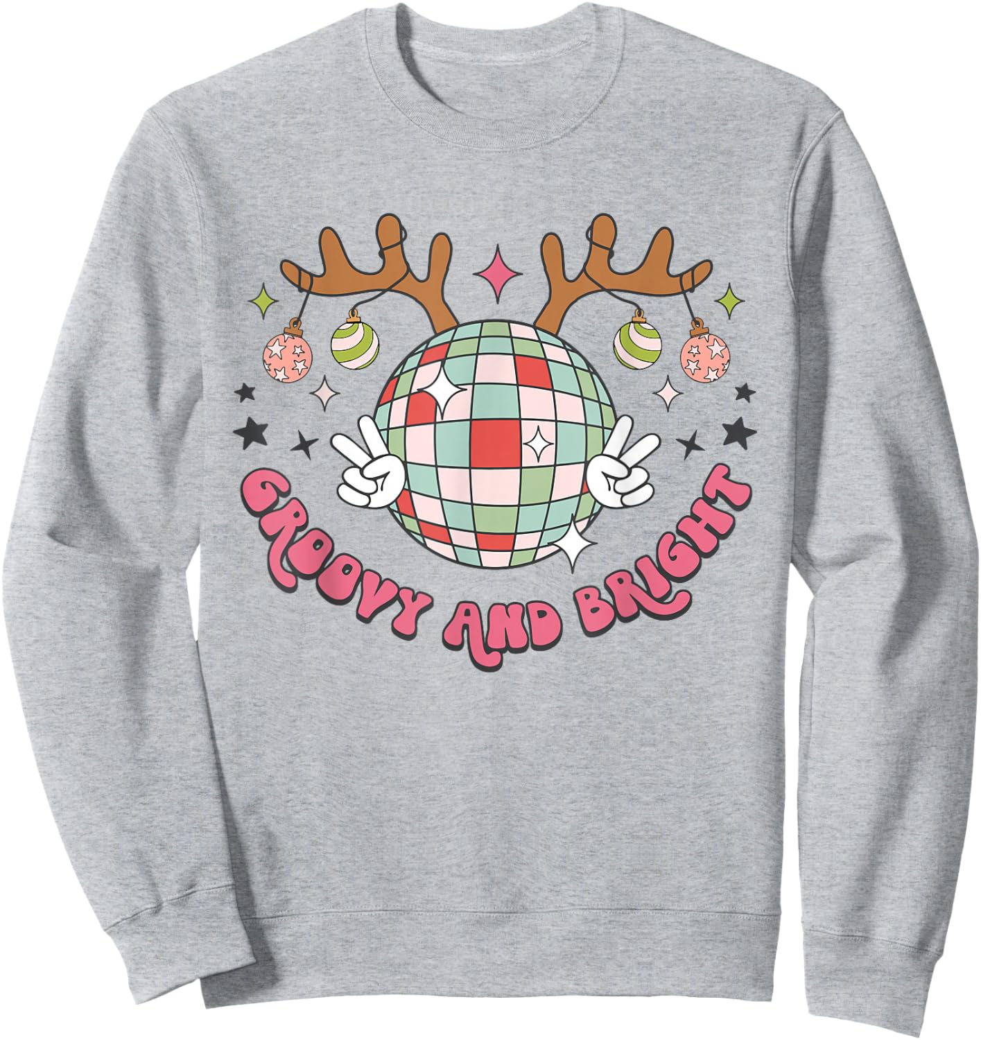 Groovy And Bright Merry Christmas Disco Ball Reindeer Sweatshirt - Sweatshirt | Ash