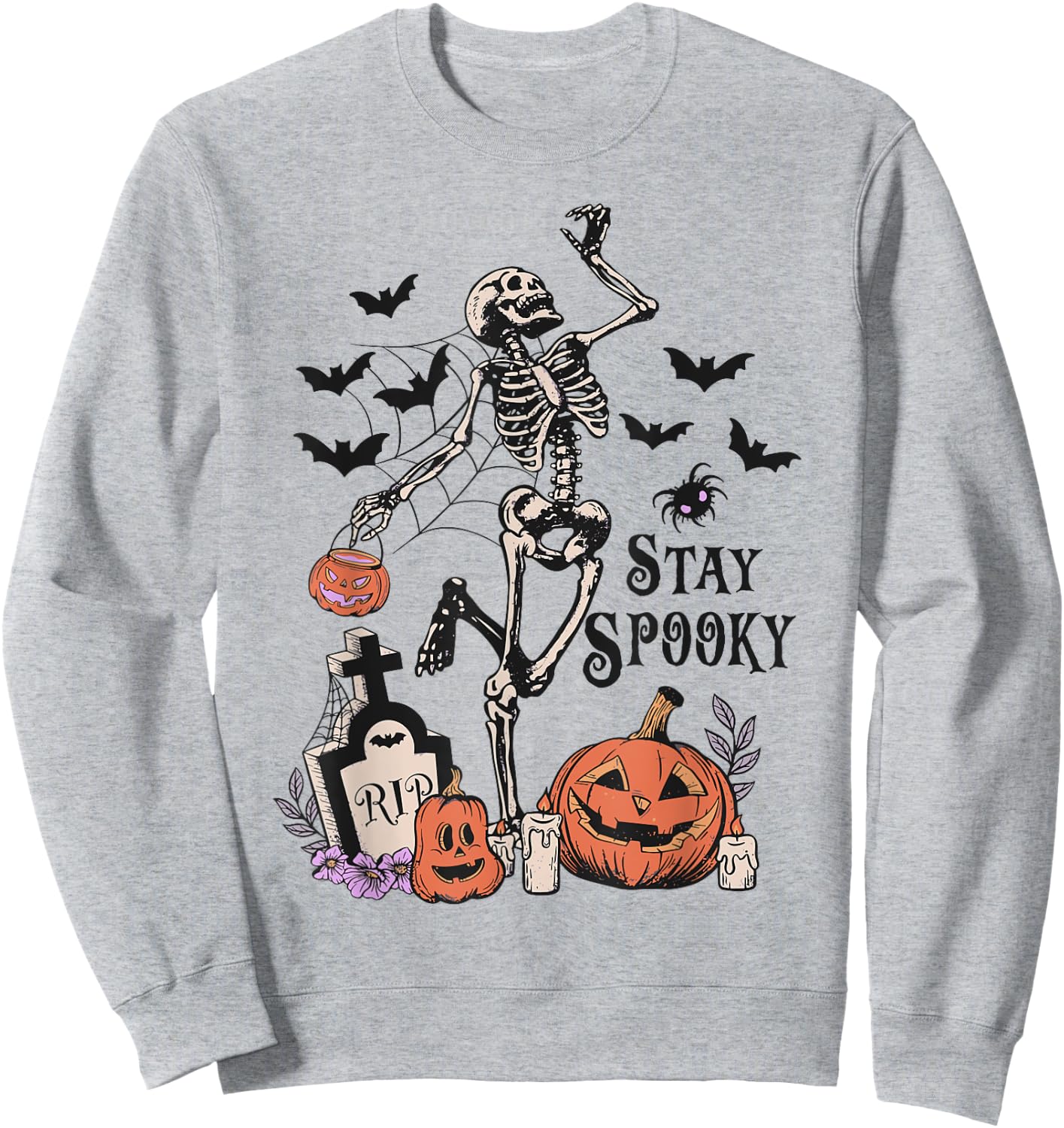 Dancing Skeleton Pumpkin Bat Tombstone Spooky Halloween Sweatshirt - Sweatshirt | Ash