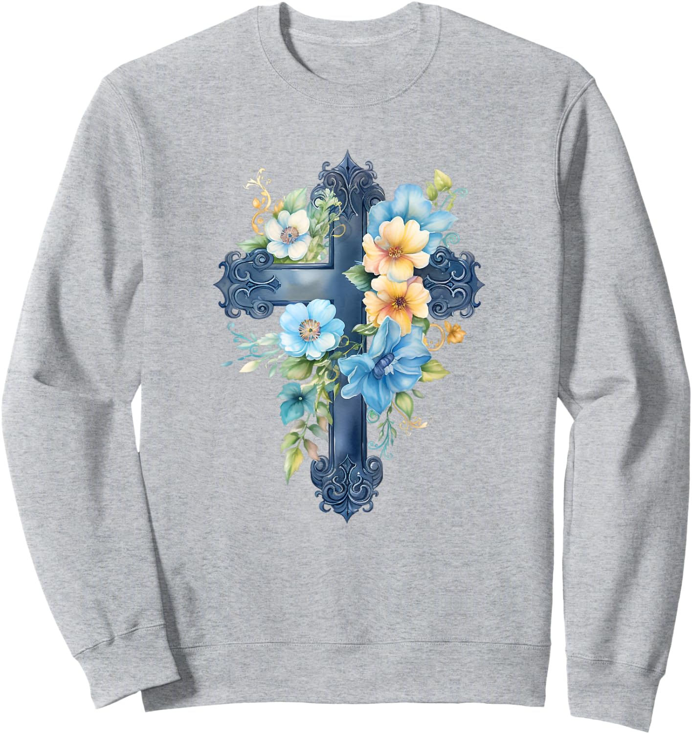 Catholic Watercolor Cross Graphic Women Floral Aesthetic Sweatshirt - Sweatshirt | Ash