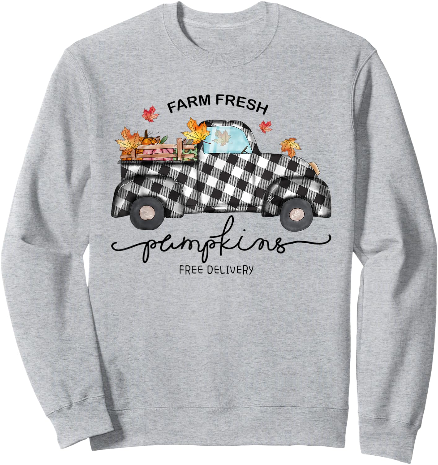 Farm Fresh Pumpkins Autumn Leaves Truck Buffalo Plaid Fall Sweatshirt - Sweatshirt | Ash