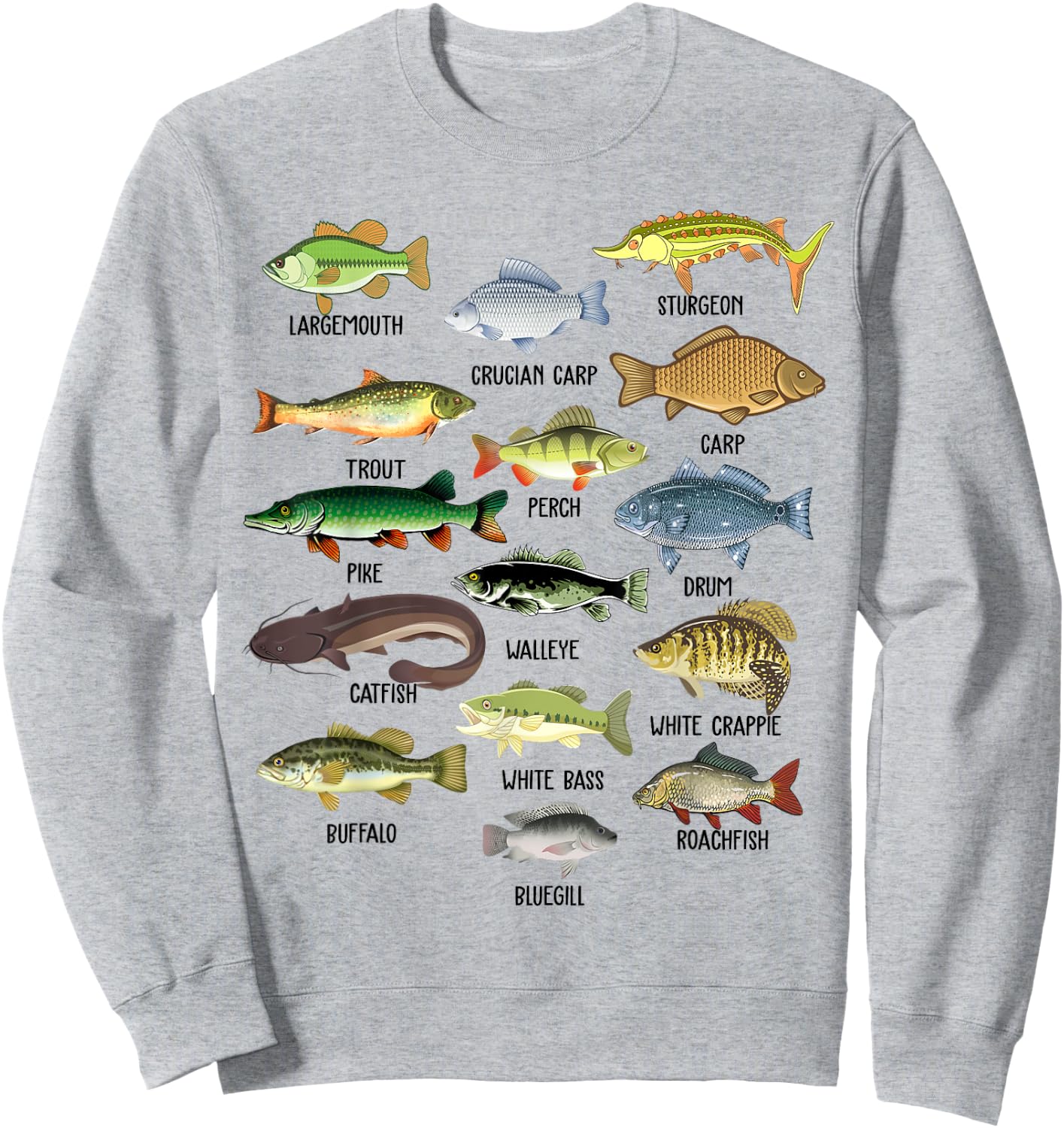 Fishing-Shirt Types Freshwater Fish Funny Bass Dad Graphic Sweatshirt - Sweatshirt | Ash