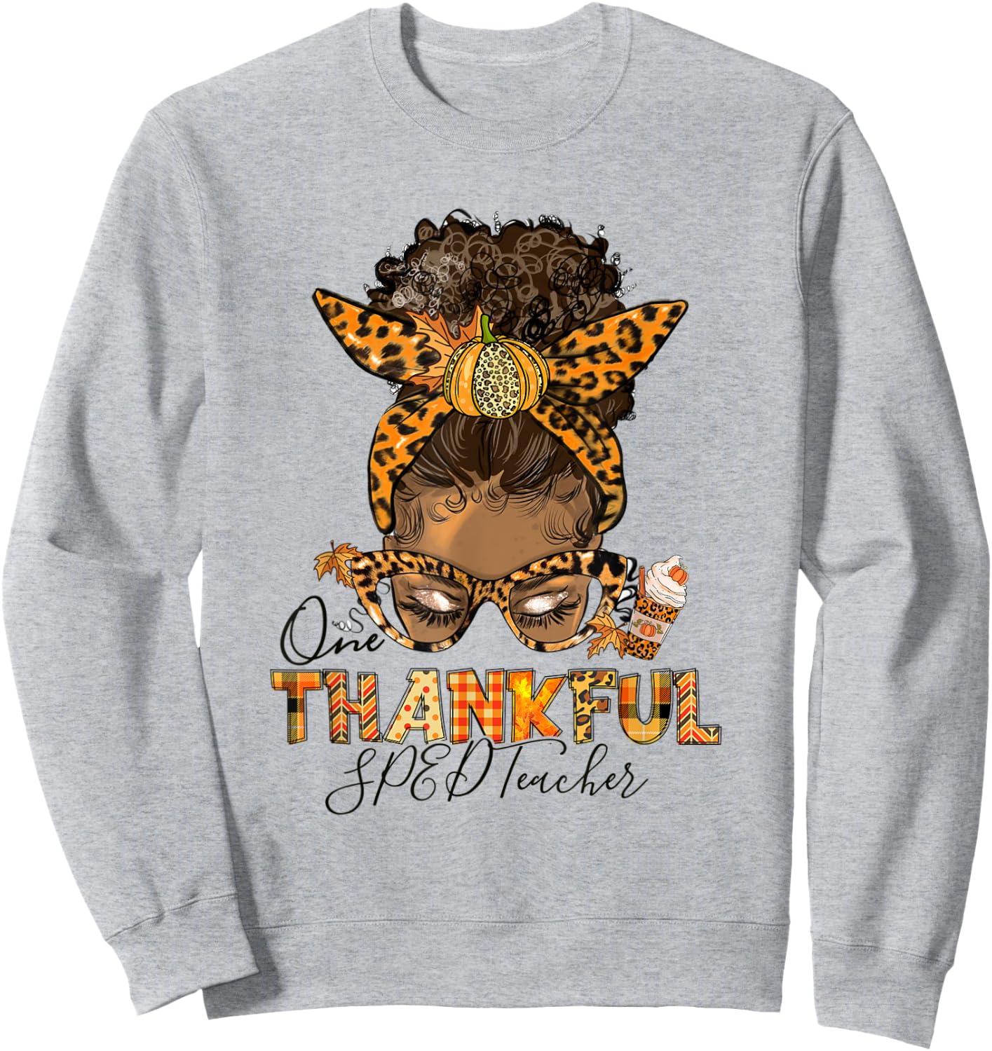 One Thankful SPED Teacher Messy Bun Thanksgiving Afro Women Sweatshirt - Sweatshirt | Ash