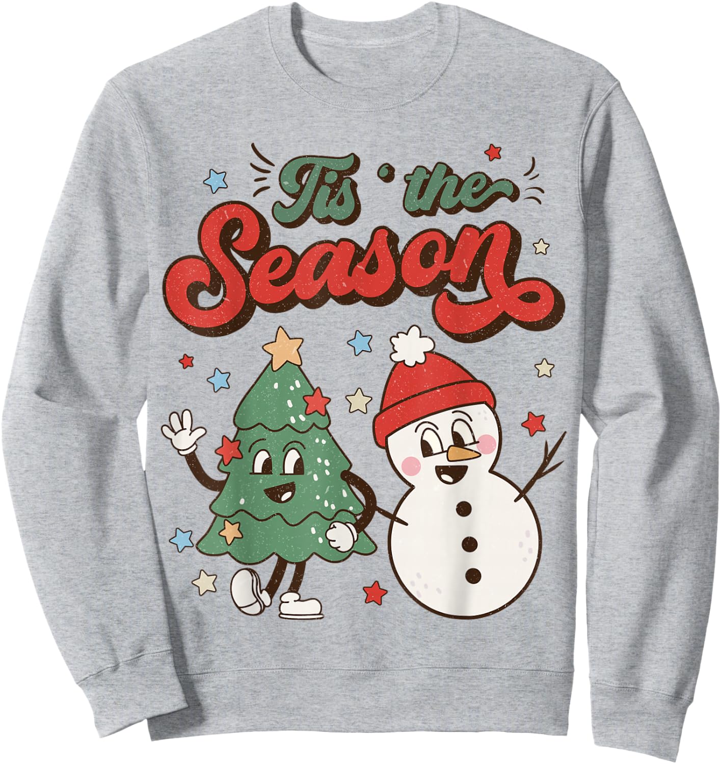 Vintage Christmas Tis The Season Christmas Tree Snowman Sweatshirt - Sweatshirt | Ash