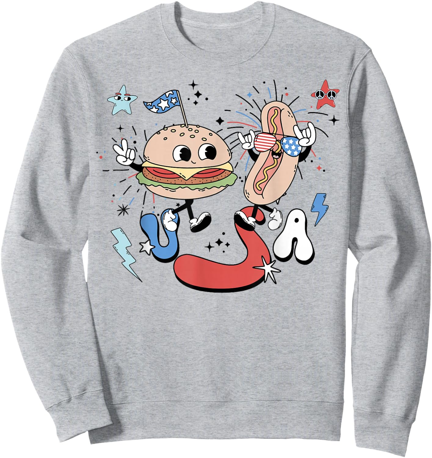 Retro USA Groovy 4th Of July Funny Hot Dog Hamburger US Flag Sweatshirt - Sweatshirt | Ash