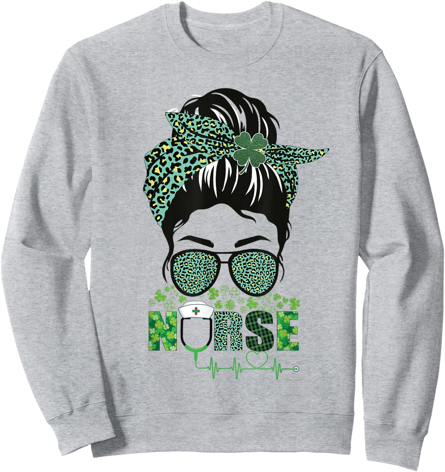 Irish Nurse Shamrock St Patrick's Day Nurse Messy Bun Sweatshirt - Sweatshirt | Ash