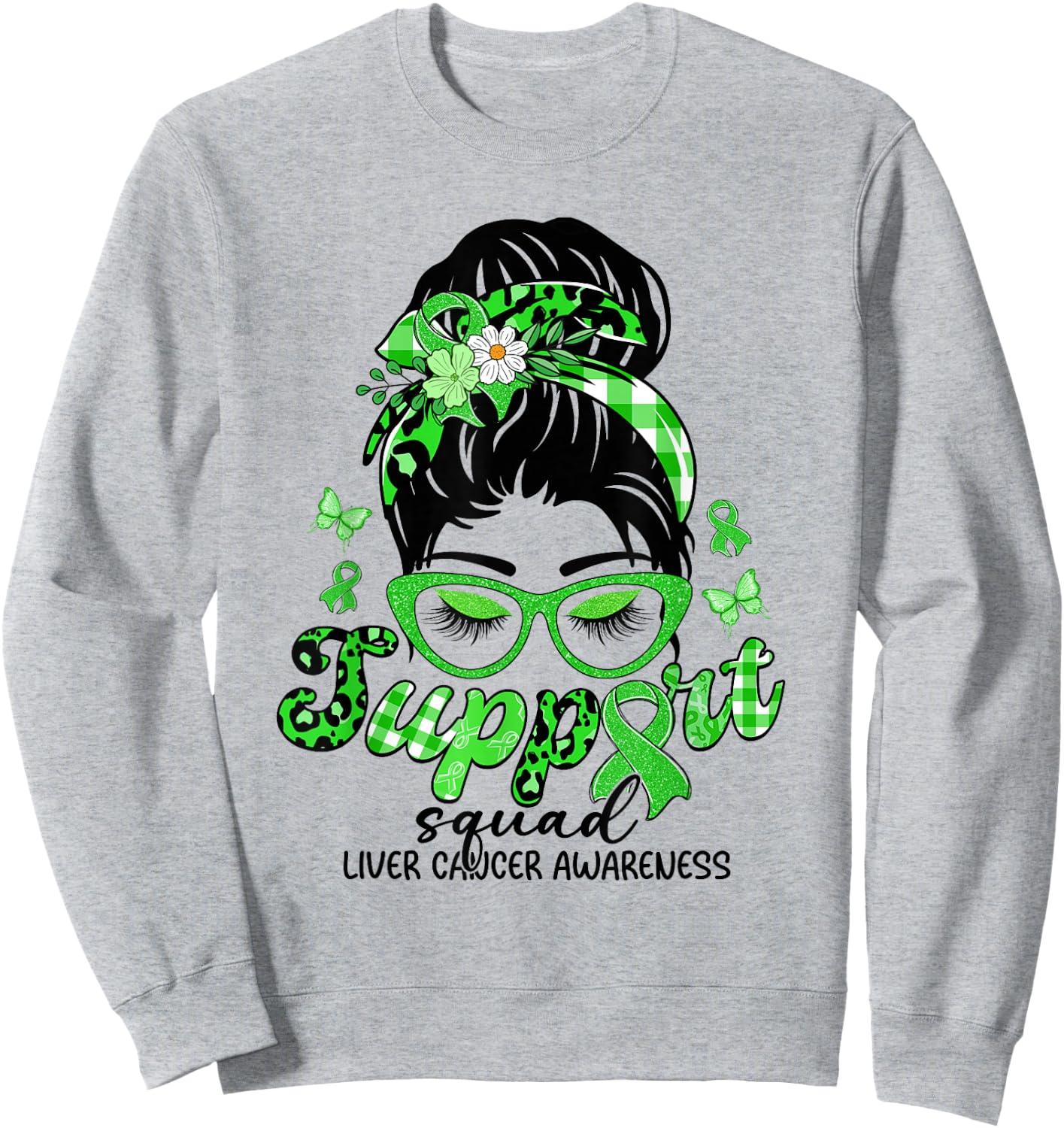 Support Squad Messy Bun Leopard Liver Cancer Awareness Sweatshirt - Sweatshirt | Ash