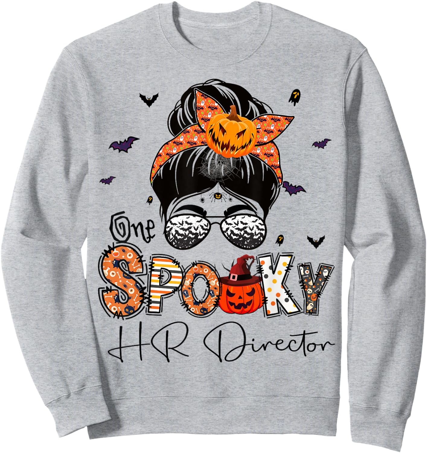 One Spooky HR Director Messy Bun Women Pumpkin Halloween Sweatshirt - Sweatshirt | Ash