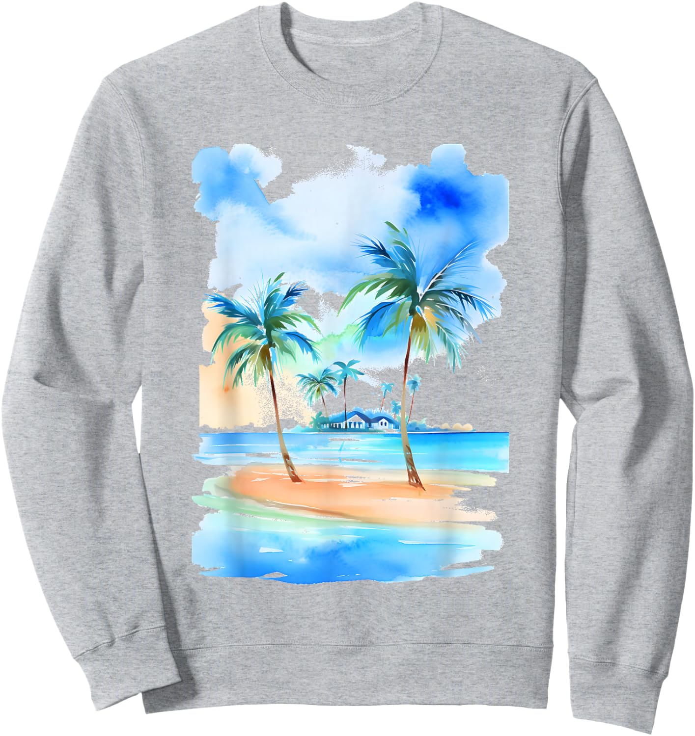 Palm Trees Tropical Beach Watercolor-Style Seascape Sweatshirt - Sweatshirt | Ash