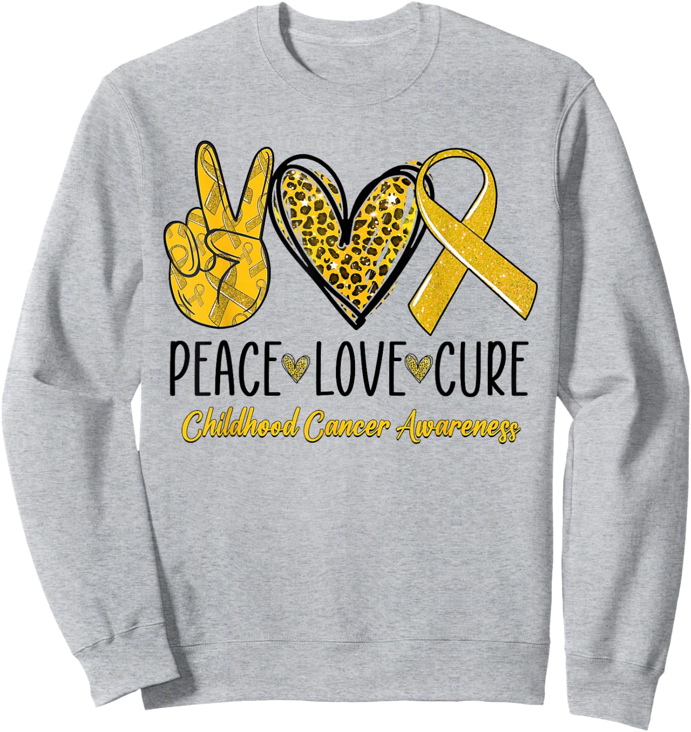Peace Love Cure Childhood Cancer Awareness Gold Ribbon Sweatshirt - Sweatshirt | Ash