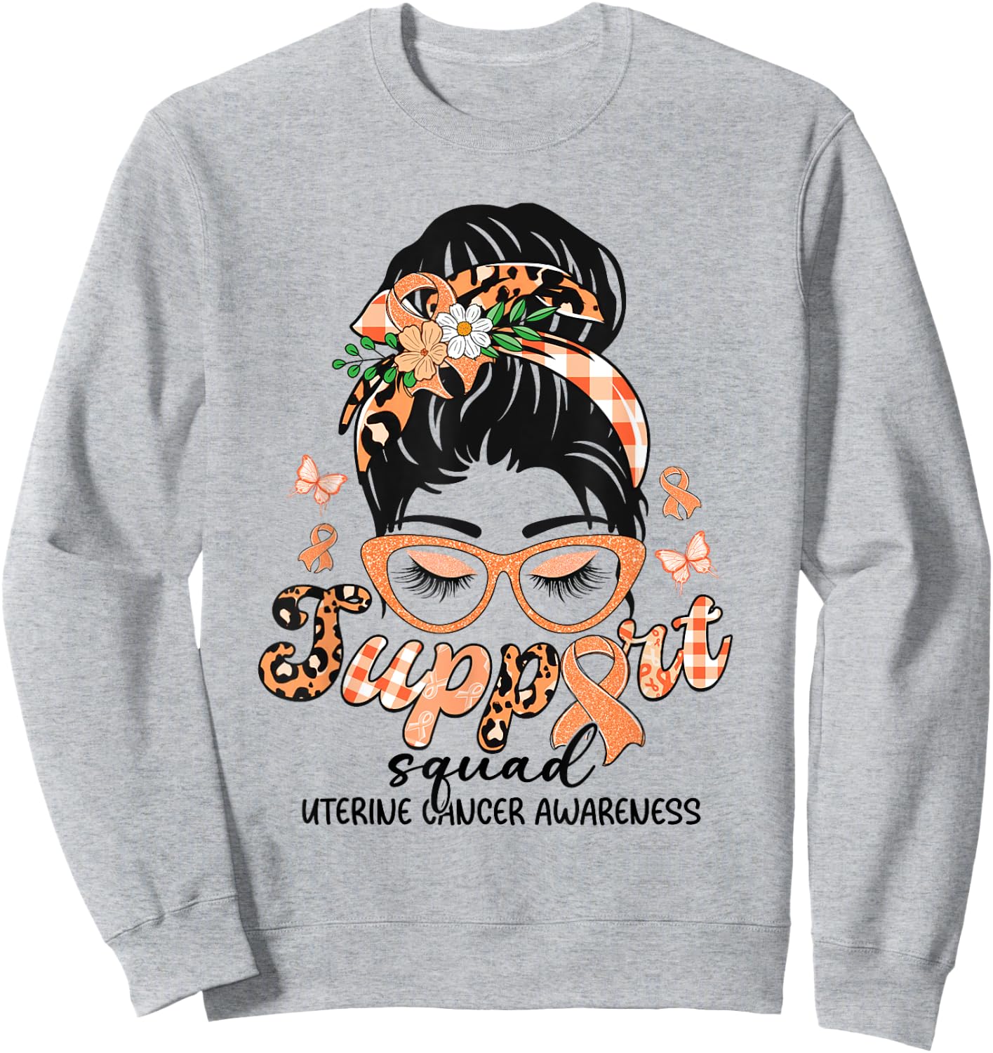 Support Squad Messy Bun Leopard Uterine Cancer Awareness Sweatshirt - Sweatshirt | Ash