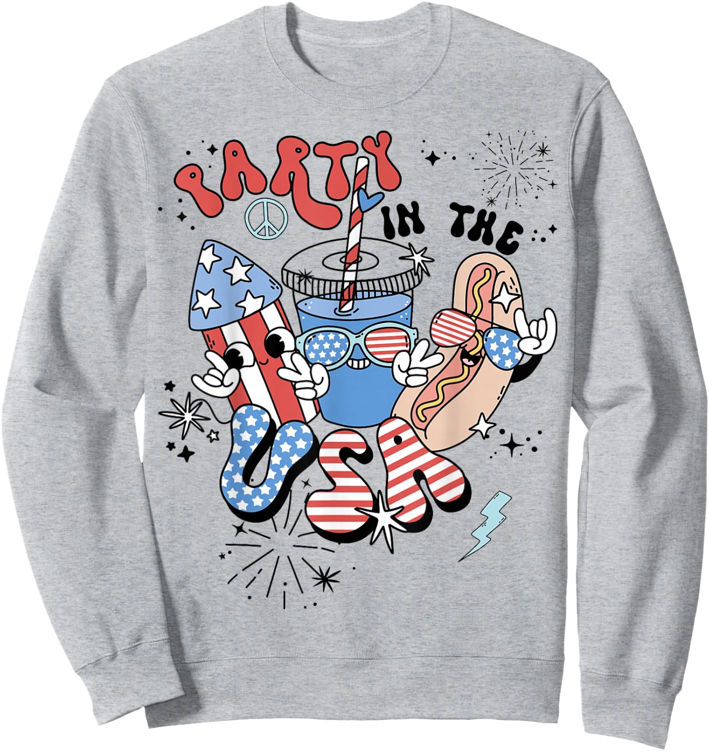 Retro Party in The USA Flag Groovy 4th of July Patriotic Sweatshirt - Sweatshirt | Ash
