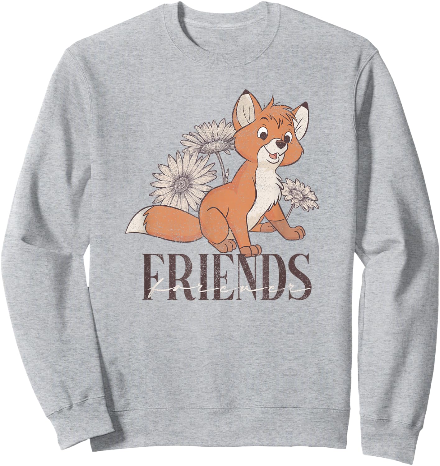 Disney The Fox and The Hound Fox Friends Forever Floral Logo Sweatshirt - Sweatshirt | Ash