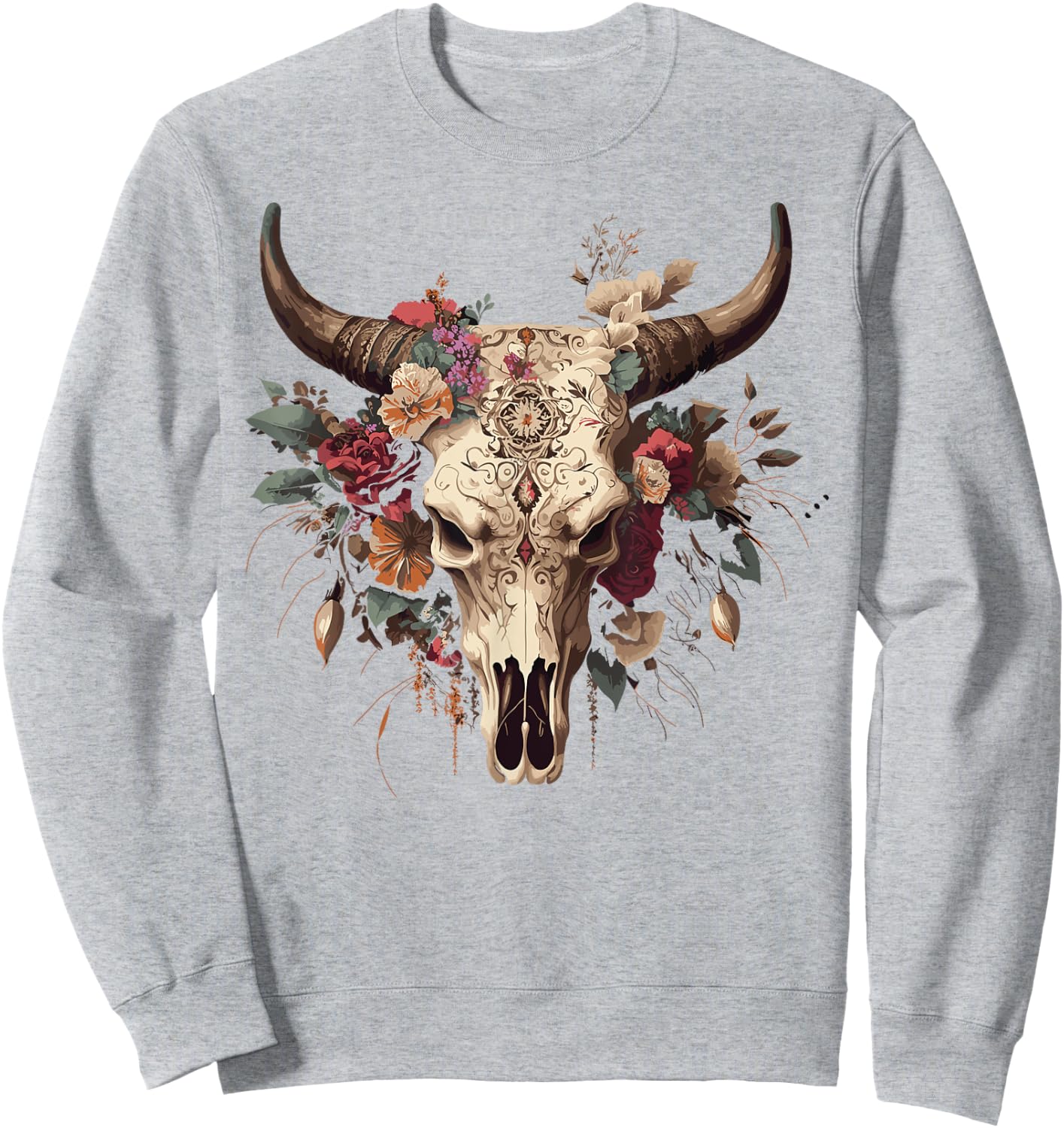 Highland Western Boho Cow Bull Skull Sunflower Cattle Animal Sweatshirt - Sweatshirt | Ash
