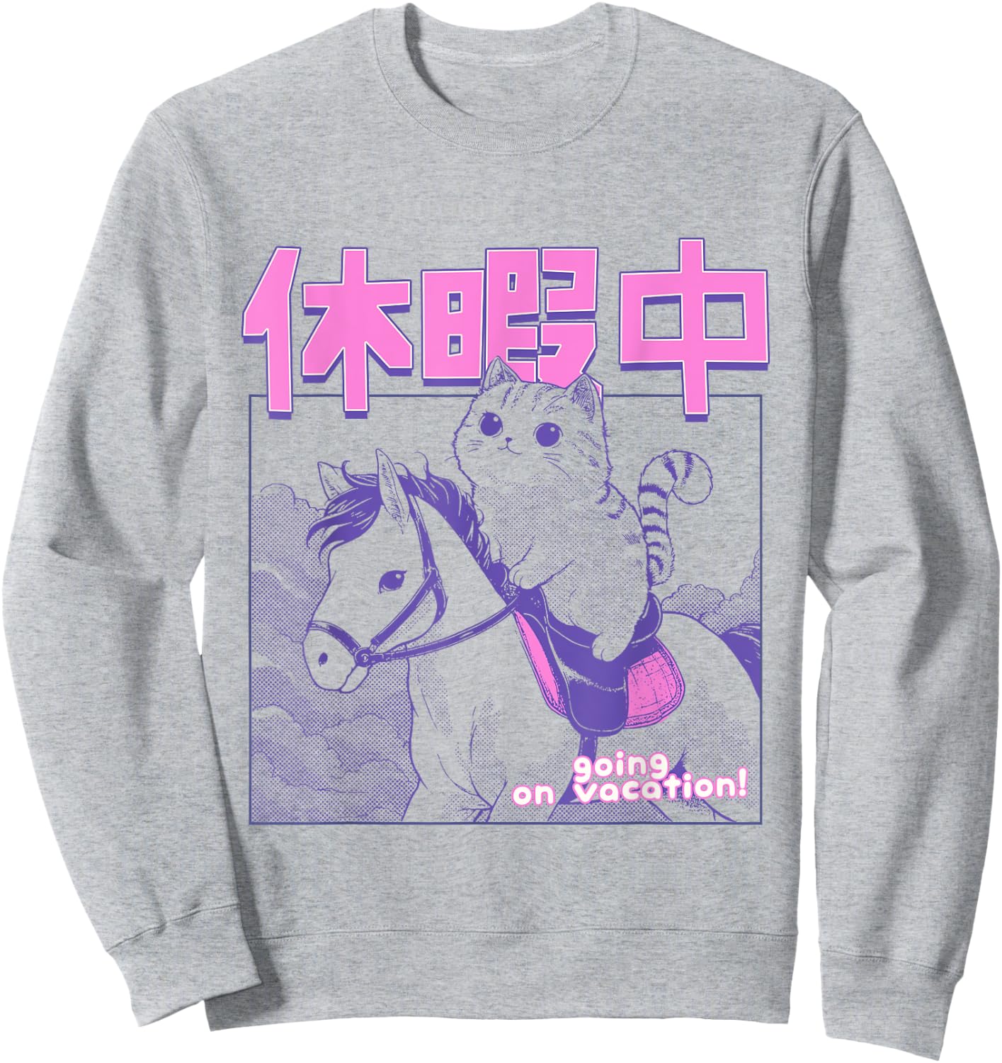 Kawaii Japanese Cat Riding Horse Vacation Anime Cat Lover Men Women Girls Kids Sweatshirt - Sweatshirt | Ash