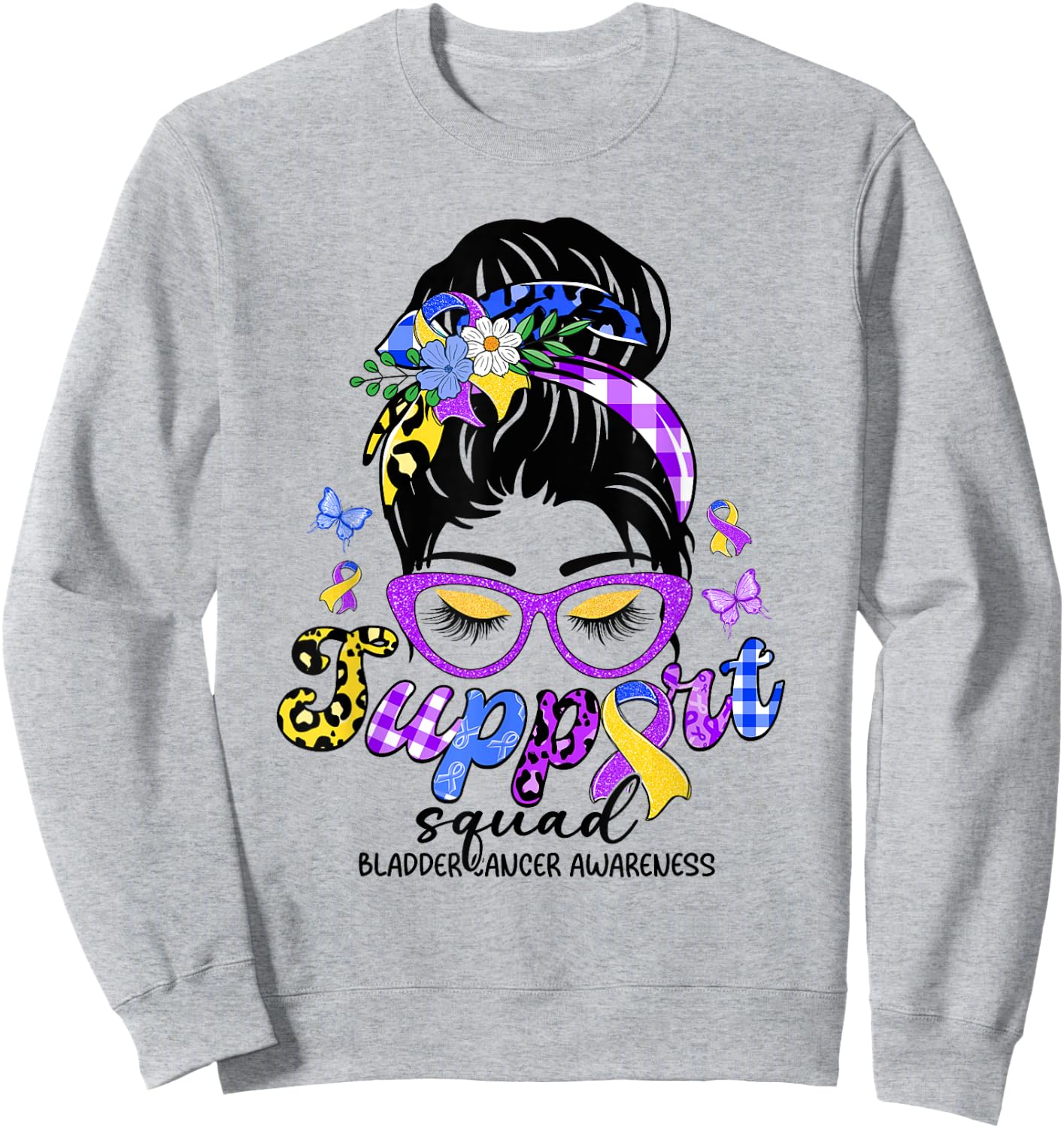 Support Squad Messy Bun Leopard Bladder Cancer Awareness Sweatshirt - Sweatshirt | Ash