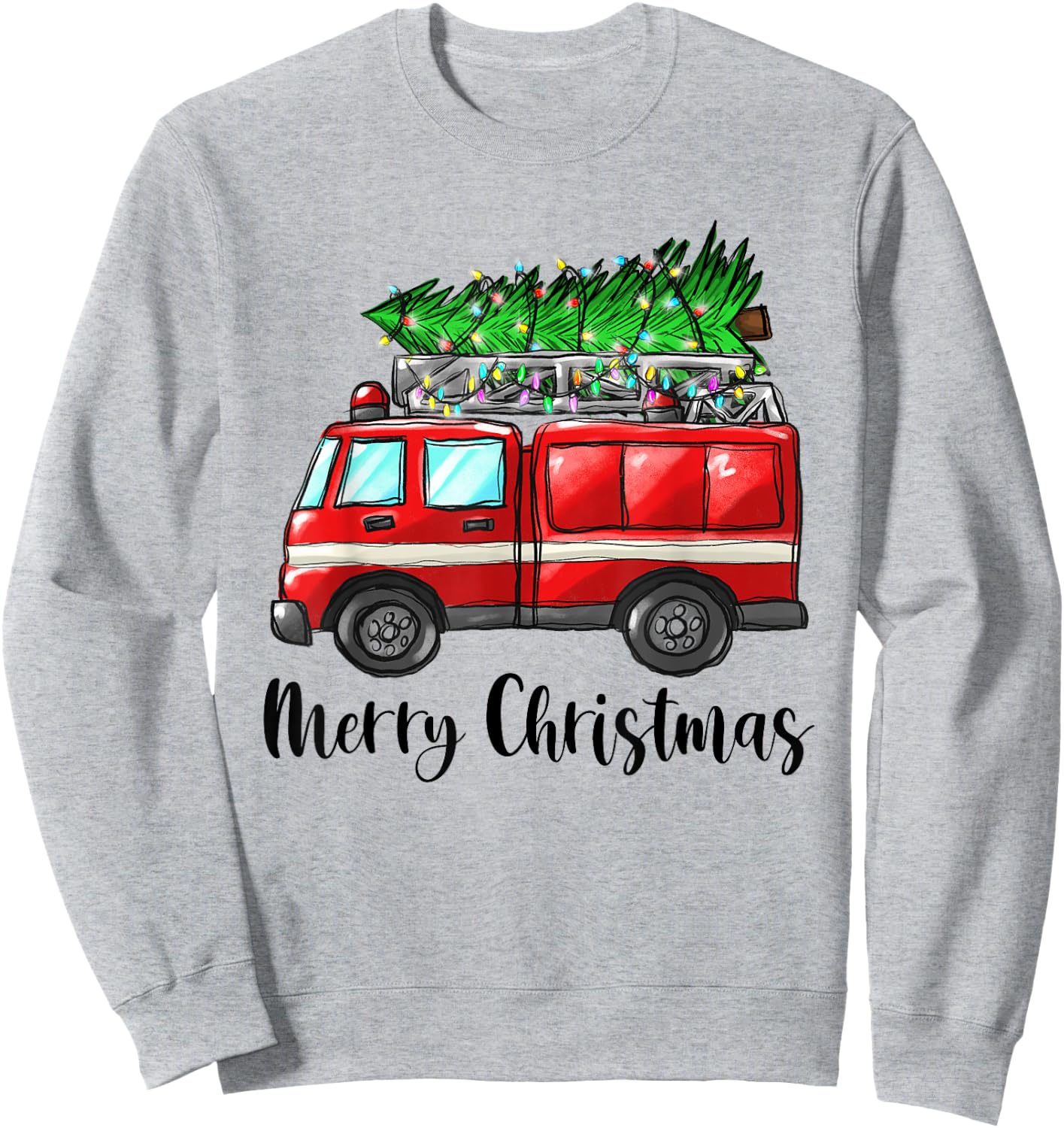 Fire Truck Christmas Tree Light Firefighter Pajama Xmas Sweatshirt - Sweatshirt | Ash