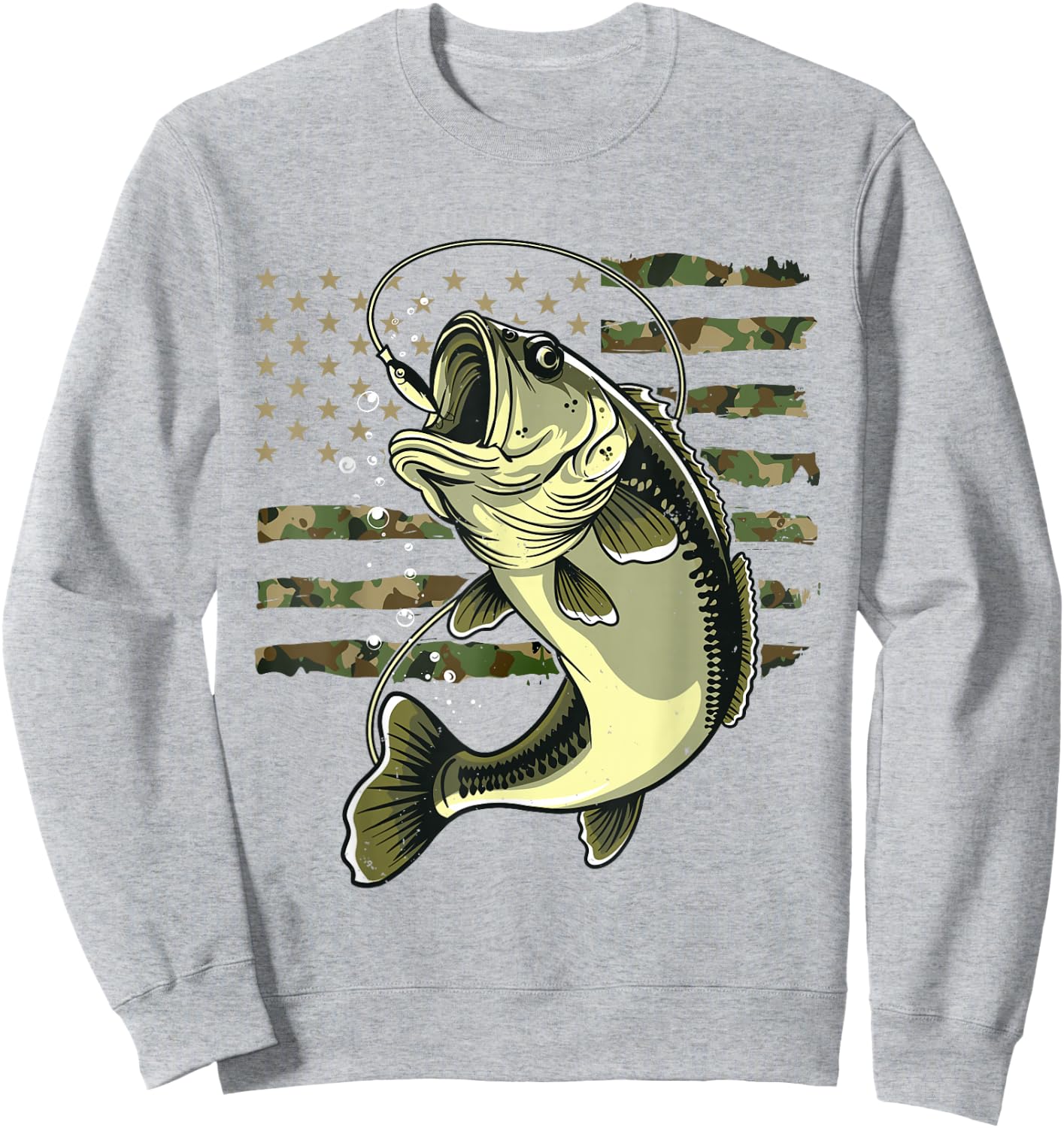 Bass Fish Fishing USA American Flag Camouflage Fisherman Sweatshirt - Sweatshirt | Ash