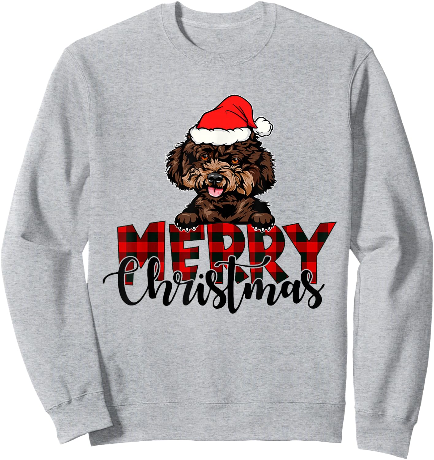 Merry Christmas Poodle Dog Christmas Red Plaid Santa Hat Sweatshirt - Sweatshirt | Ash