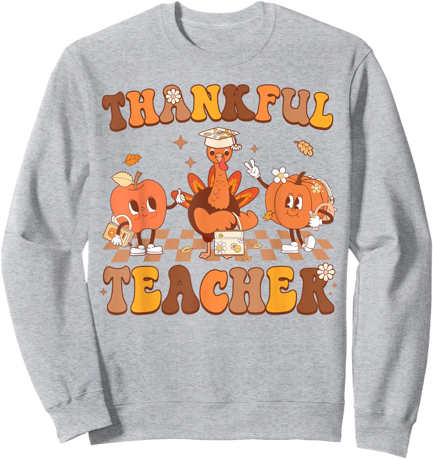 Thankful Teacher Retro Groovy Thanksgiving Fall Women Men Sweatshirt - Sweatshirt | Ash