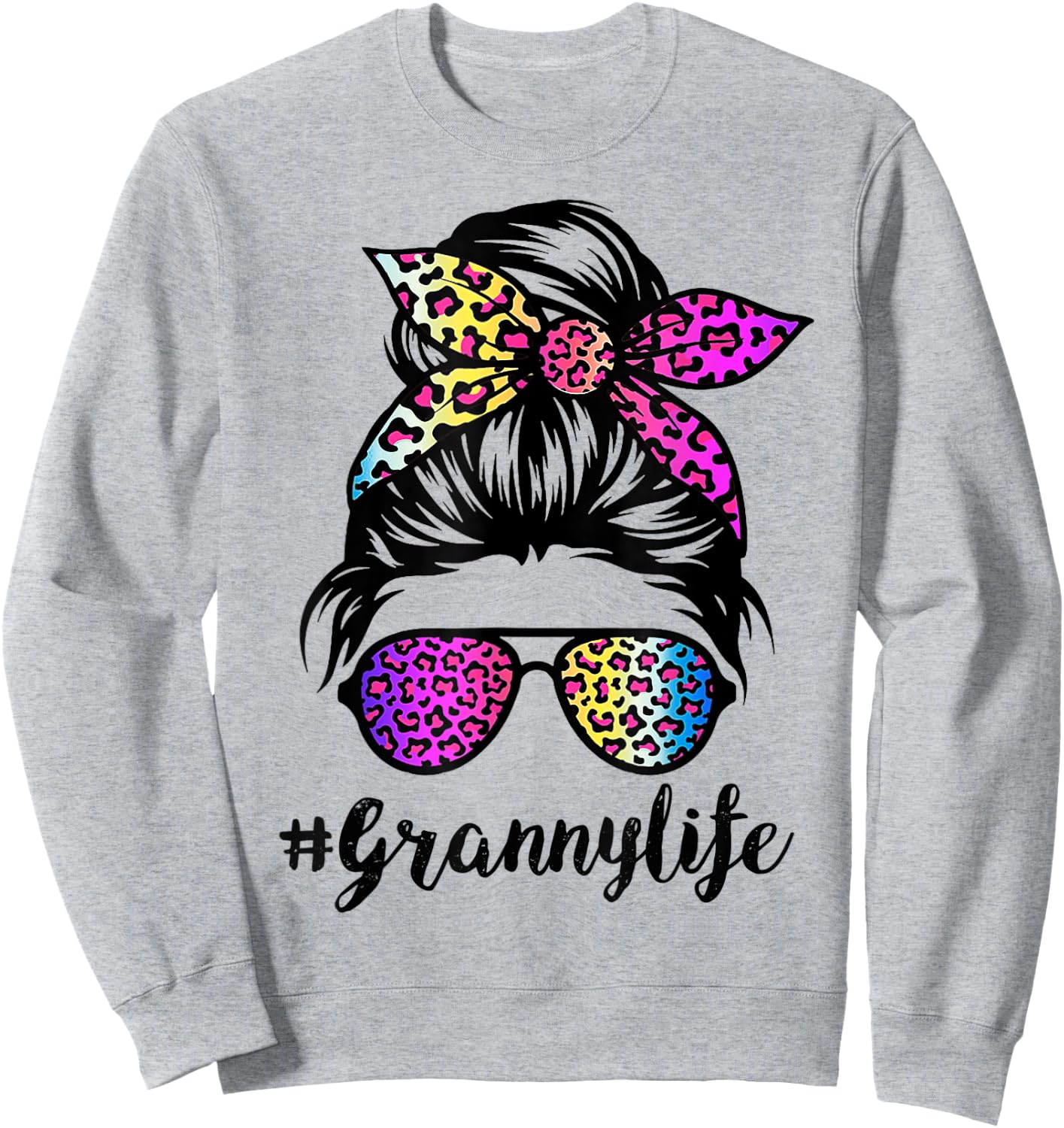 Granny life with Rainbow Leopard Messy Bun Mother's Day Sweatshirt - Sweatshirt | Ash