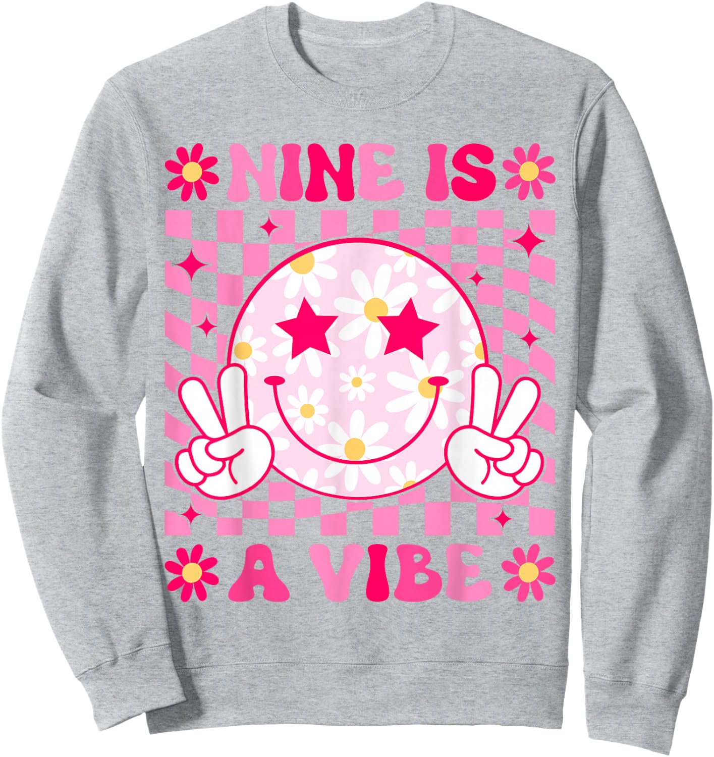 Nine is A Vibe Birthday Groovy 9 Year Old Girls 9th Birthday Sweatshirt - Sweatshirt | Ash