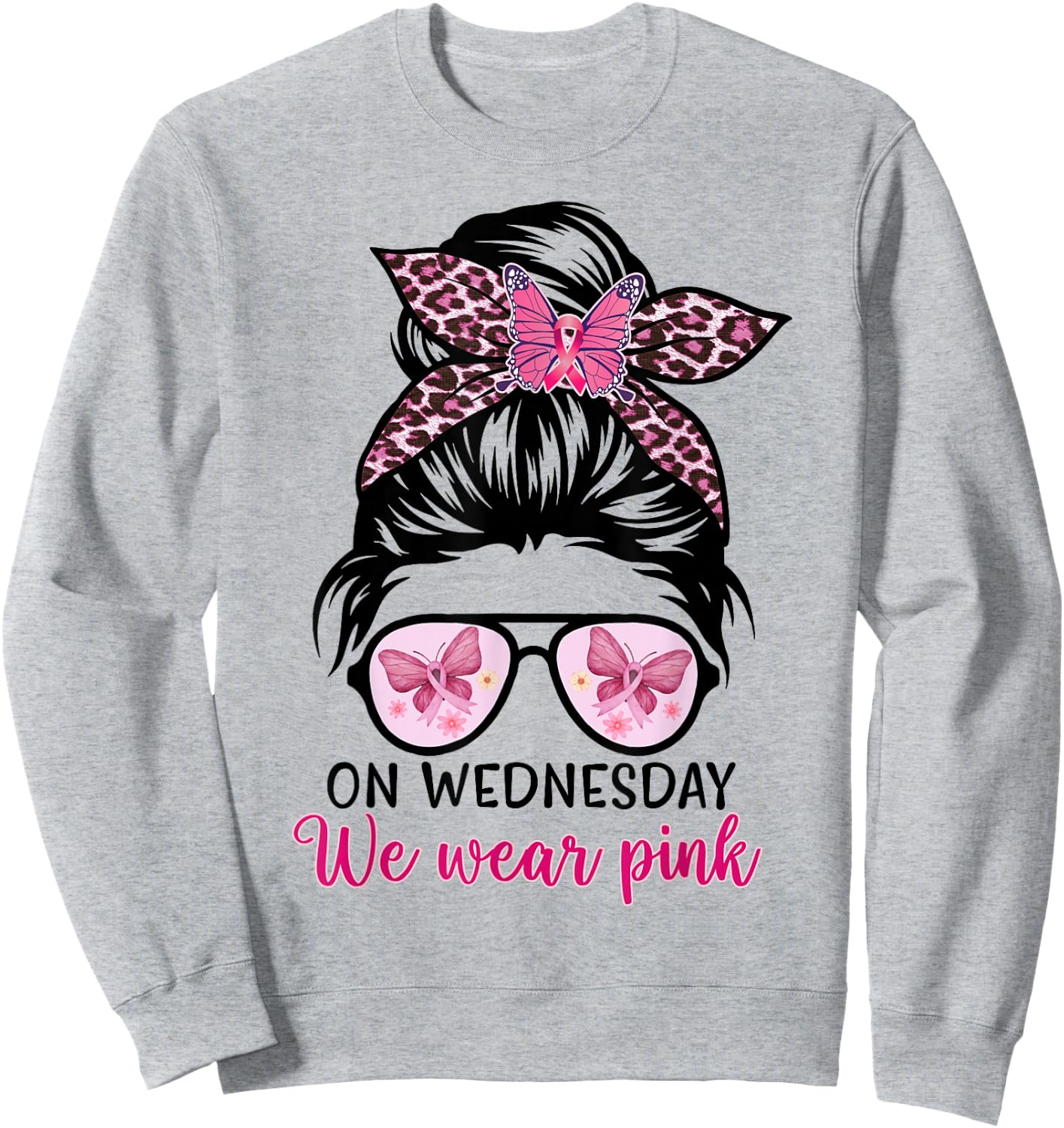 On Wednesday We Wear Pink Messy Bun, Leopard Breast Cancer Sweatshirt - Sweatshirt | Ash