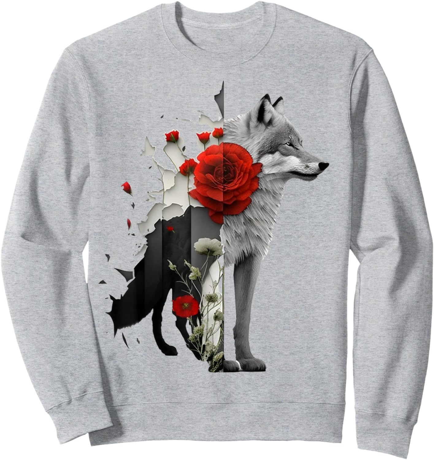 Wolf Rose Flower Animal Motif Art Animal Print Art Sweatshirt - Sweatshirt | Ash