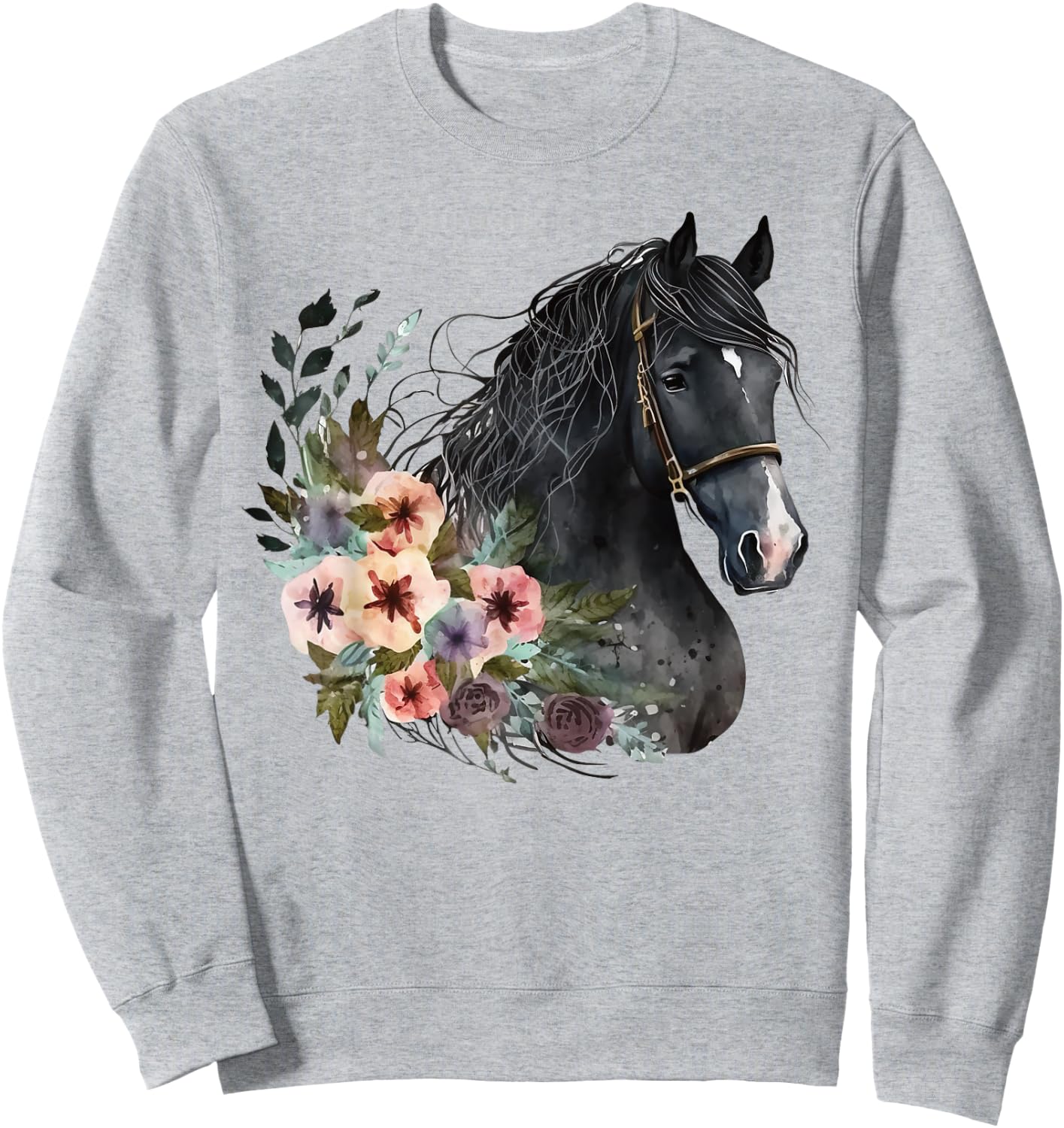 Horse Head Watercolor Equestrian Horse With Flowers Sweatshirt - Sweatshirt | Ash