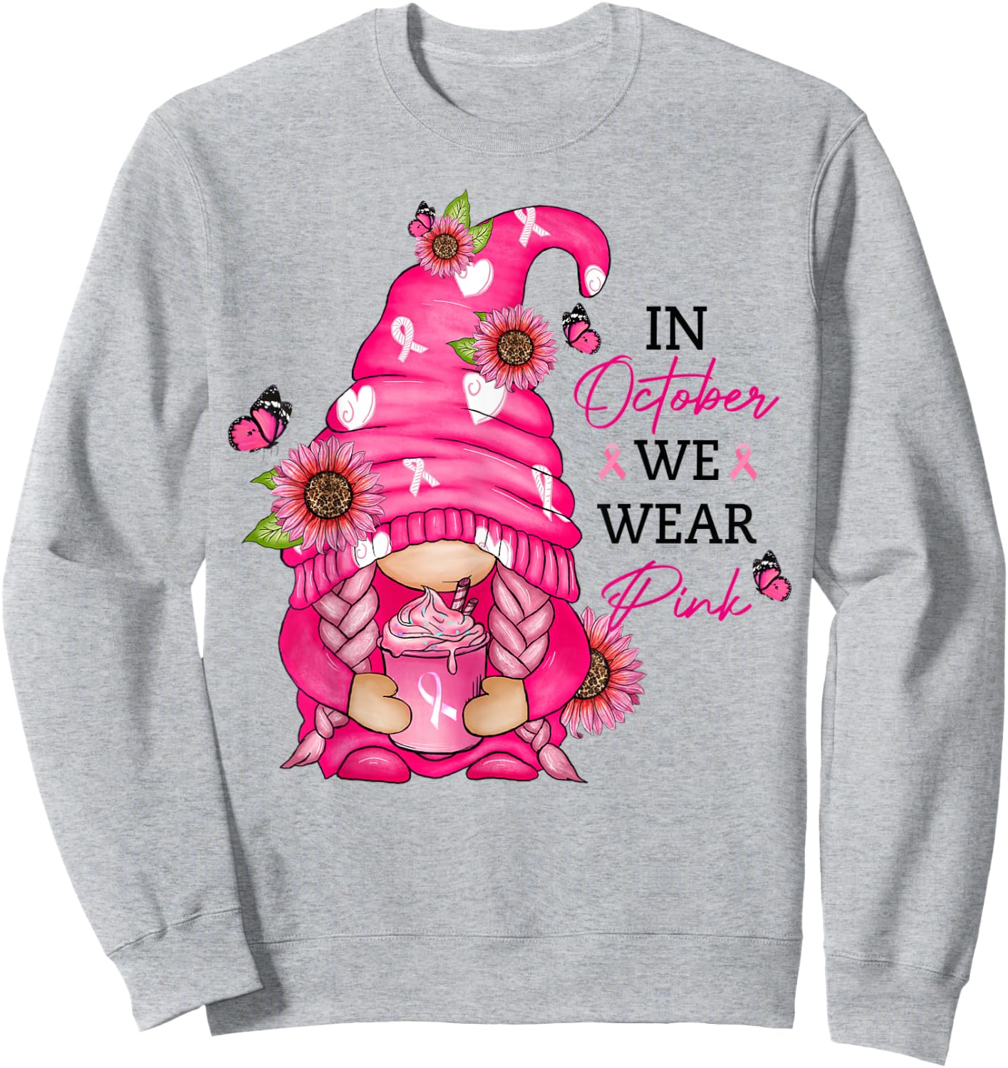 Pink Gnome Breast Cancer Awareness Graphic Sweatshirt - Sweatshirt | Ash