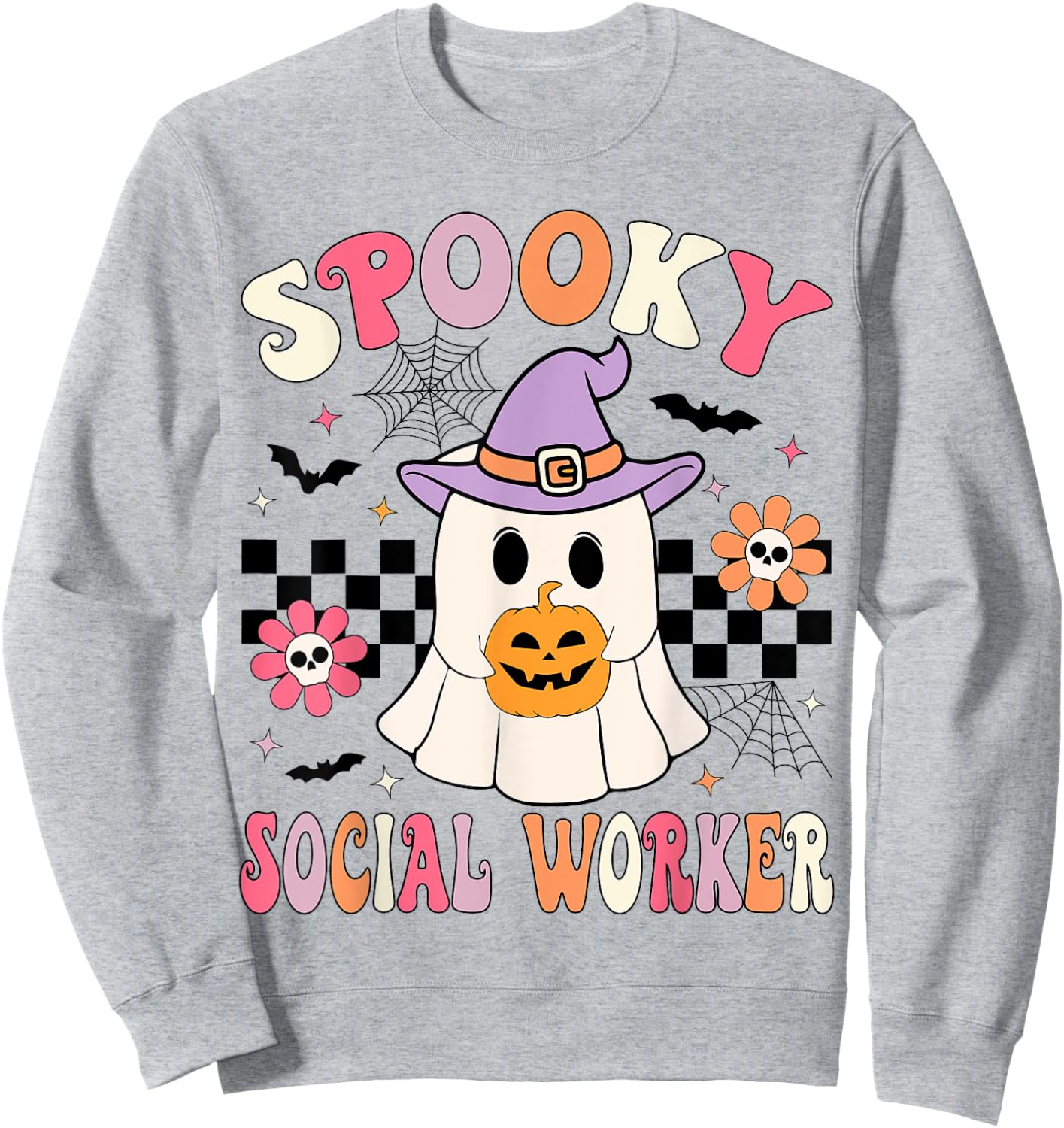 Groovy Spooky Social Worker Halloween Social Worker Ghost Sweatshirt - Sweatshirt | Ash